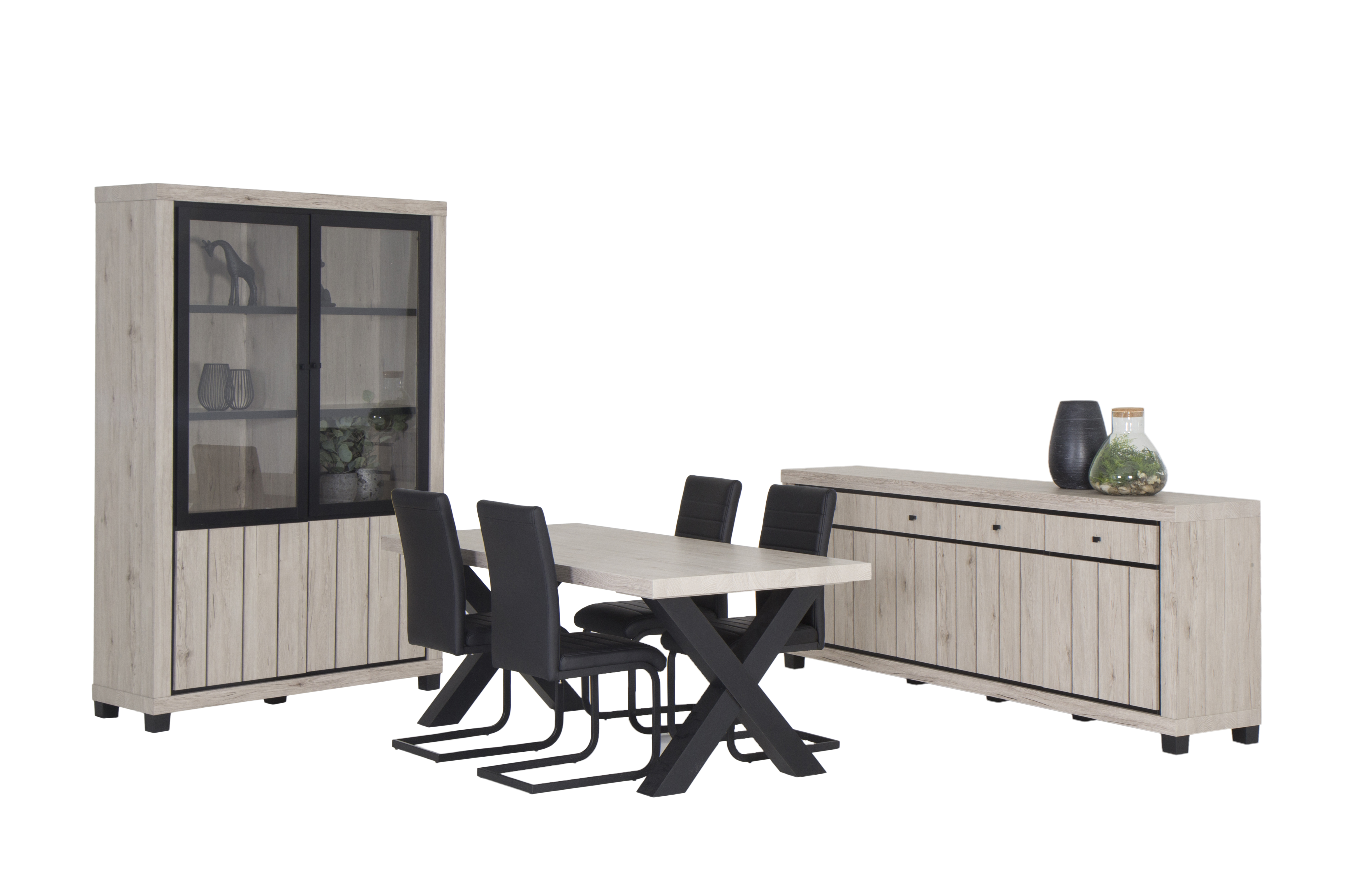 Salle à manger Eureka avec 4 chaises Quartz - table 190x95cm - buffet 225cm  - vitrine 133cm