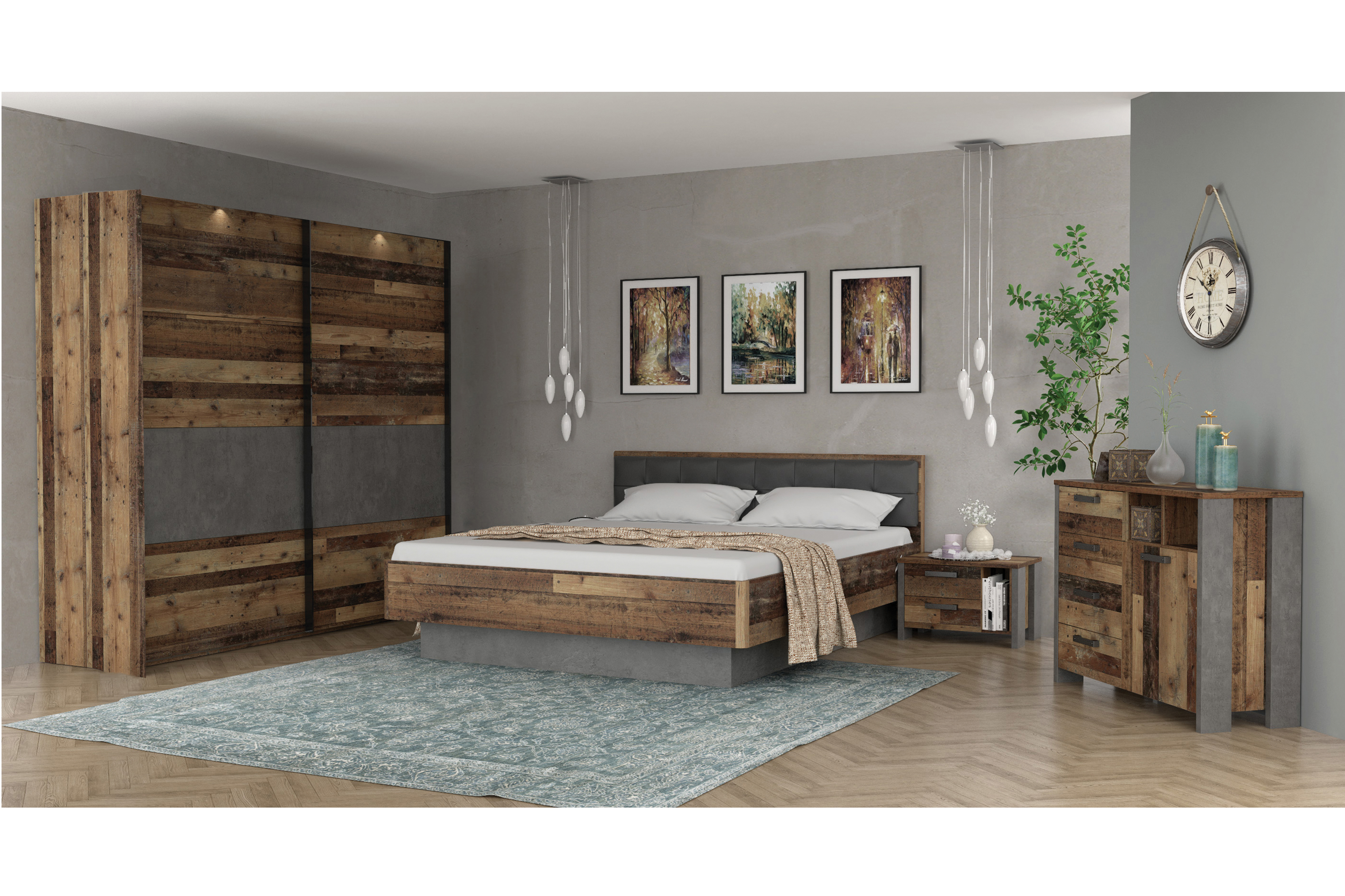Chambre à coucher Clif avec lit 160x200cm - armoire 220cm - commode 107cm et 2 tables de chevet