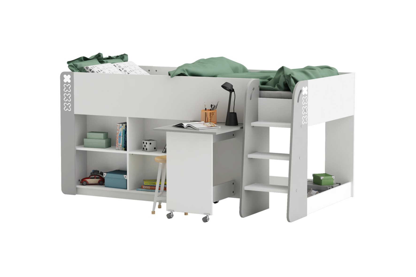 Lit mi-hauteur Hampton 90x200cm - décor - blanc & gris