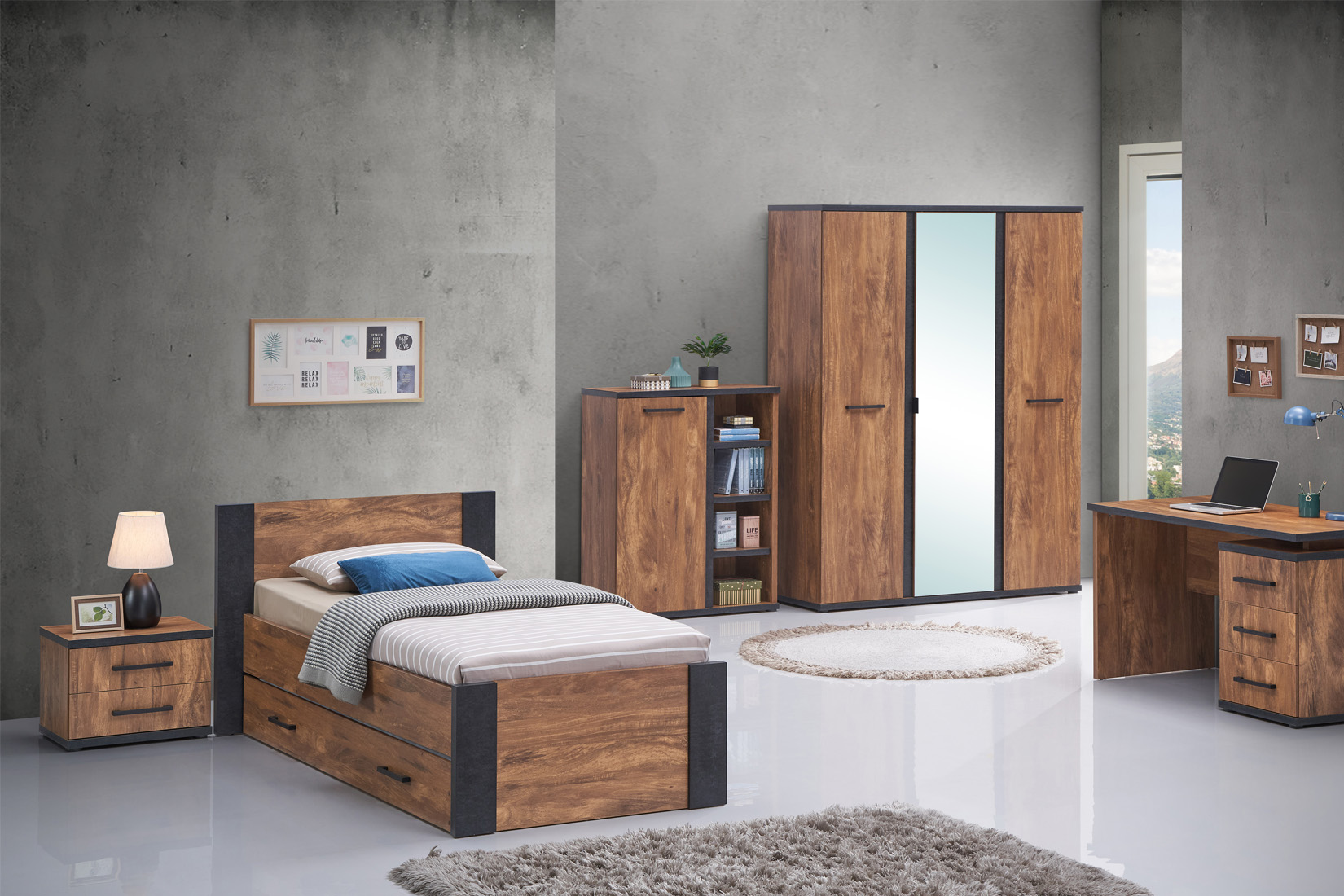 Chambre enfant Ellen avec lit 90x200cm - armoire 164cm et 1 table de chevet