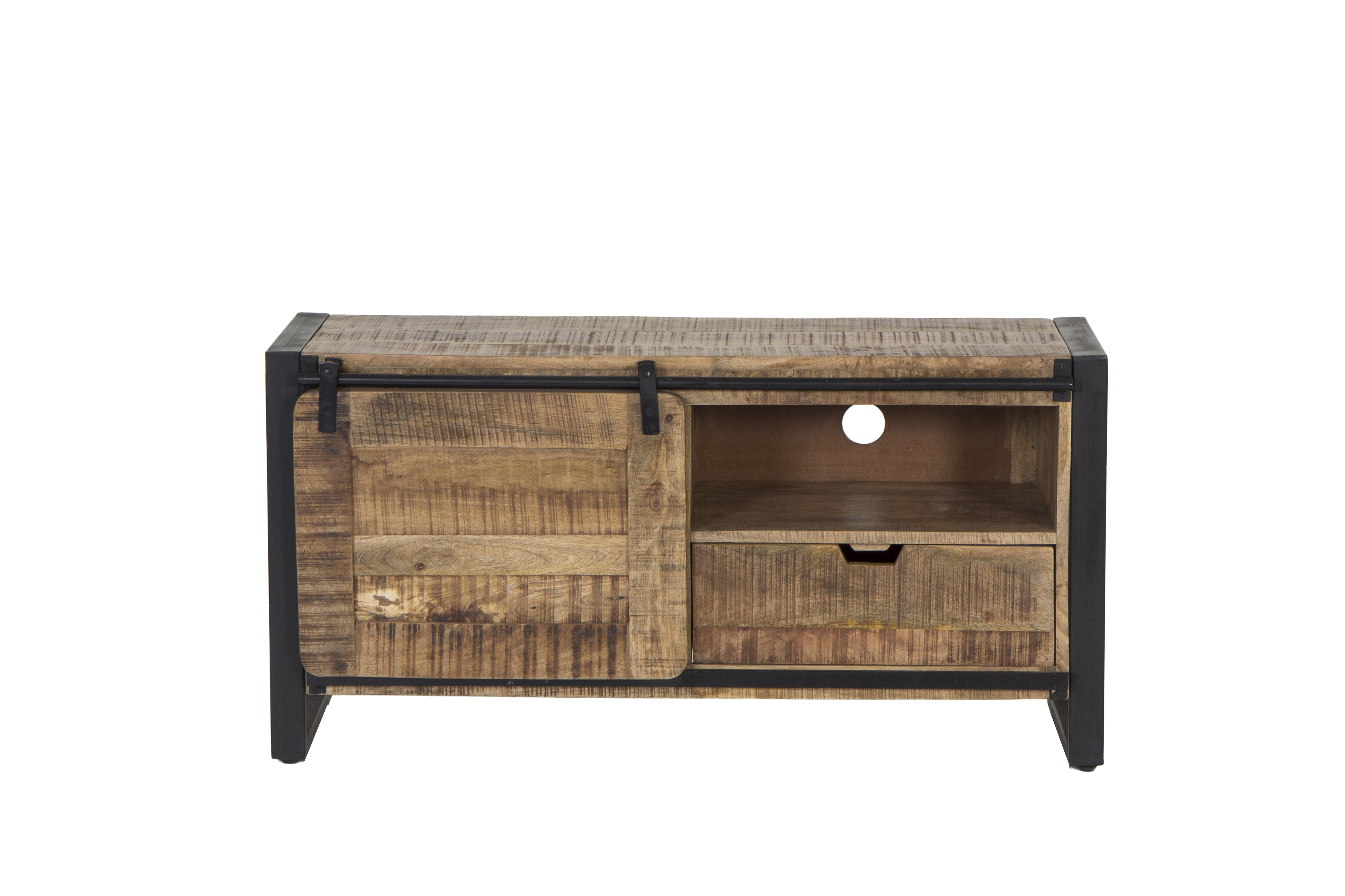 Meuble TV Woodstock 120x45cm - manguier massif & métal - naturel & noir
