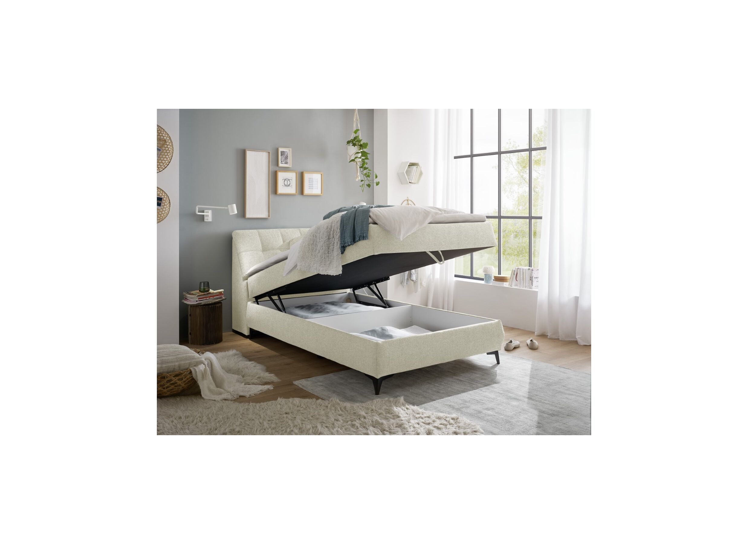 Foto ambiance - Lit box Atlantis 120x200cm avec rangement tissu ivoire