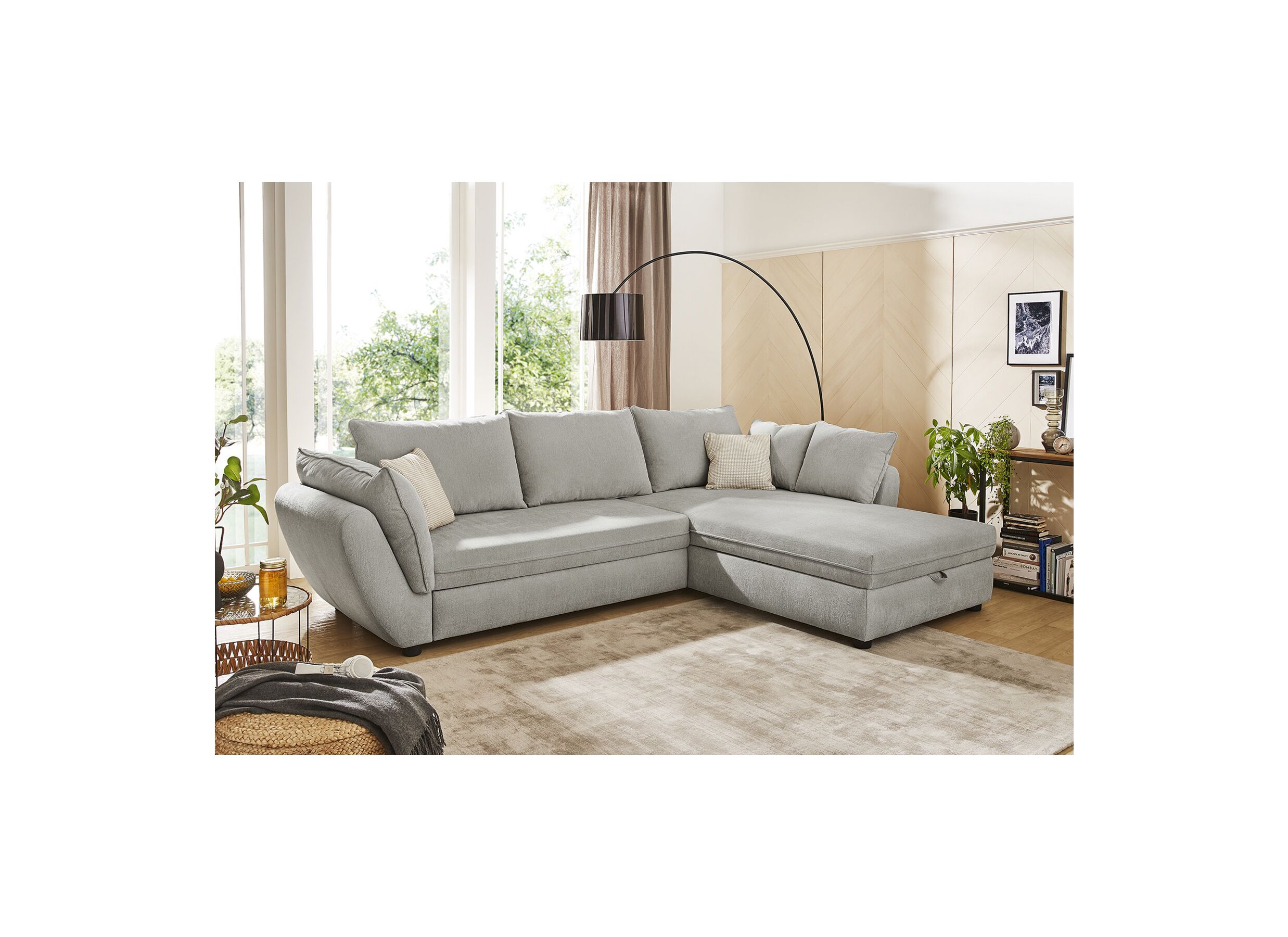 Canapé d'angle Jerez 303x205cm - tissu - gris avec fonction de lit et rangement