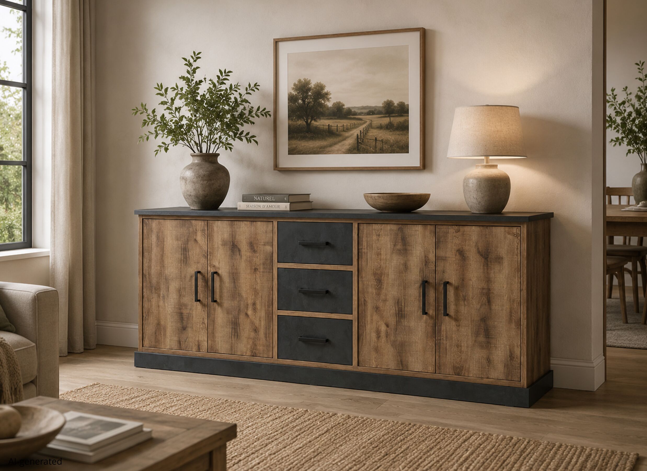 AI Generated - Buffet 226cm - décor - marron & noir