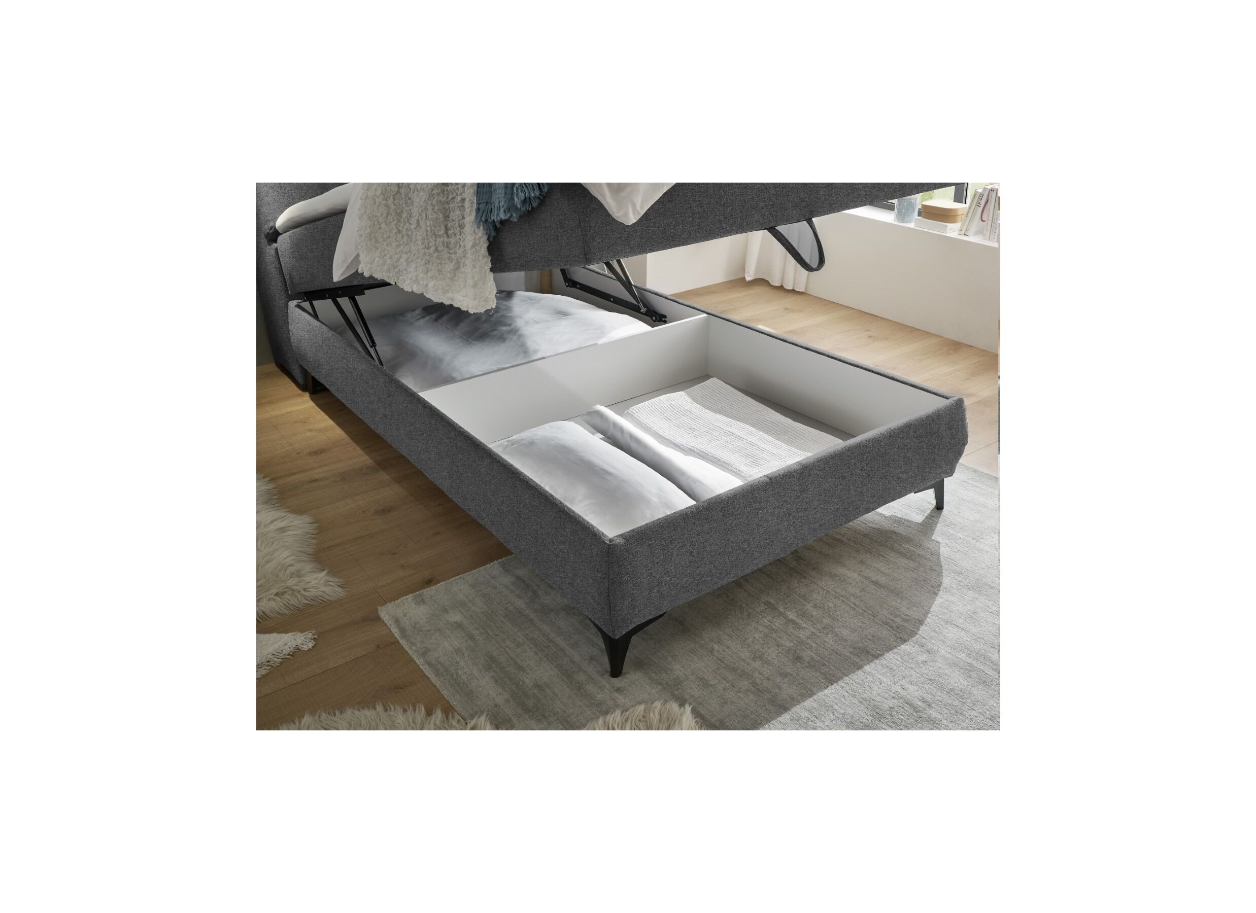 Foto ambiance - Lit box 120x200cm avec rangement tissu antracite
