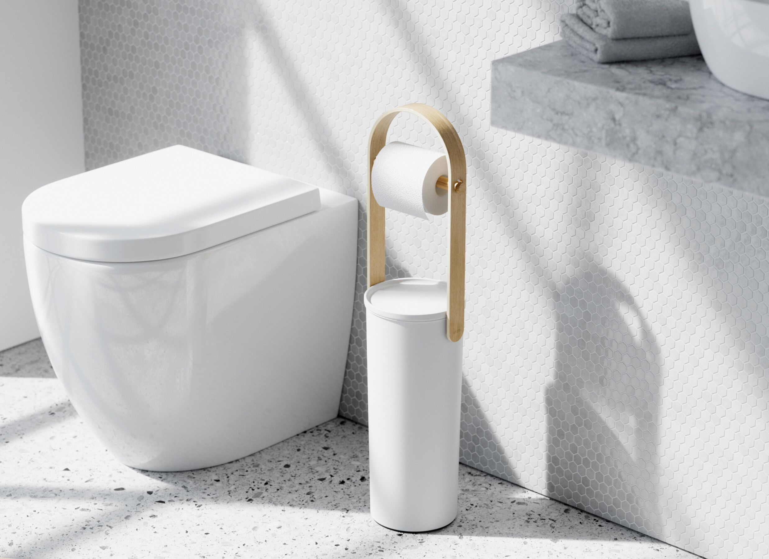 Sfeerfoto - Wc-rolhouder Bellewood 18x68cm - kunststof & hout - wit & naturel