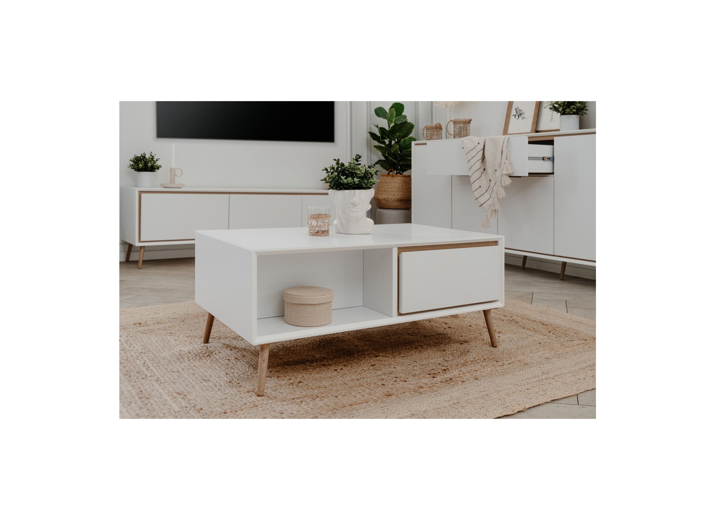 Foto ambiance - Table basse Arona 94x55cm avec rangement - mélamine - blanc