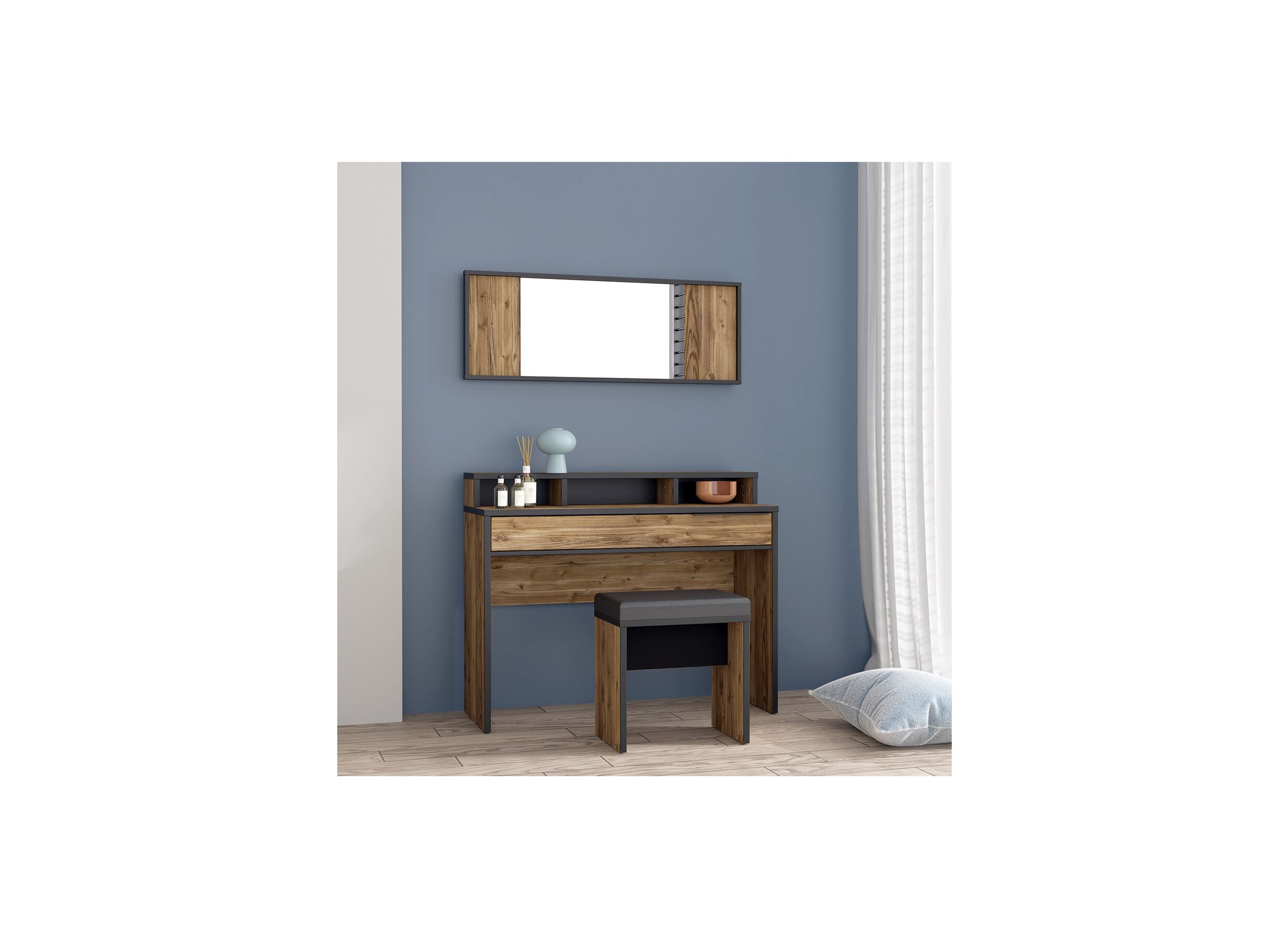 Coiffeuse Jabim avec miroir 110cm - panneau décor - alpine picea/noir