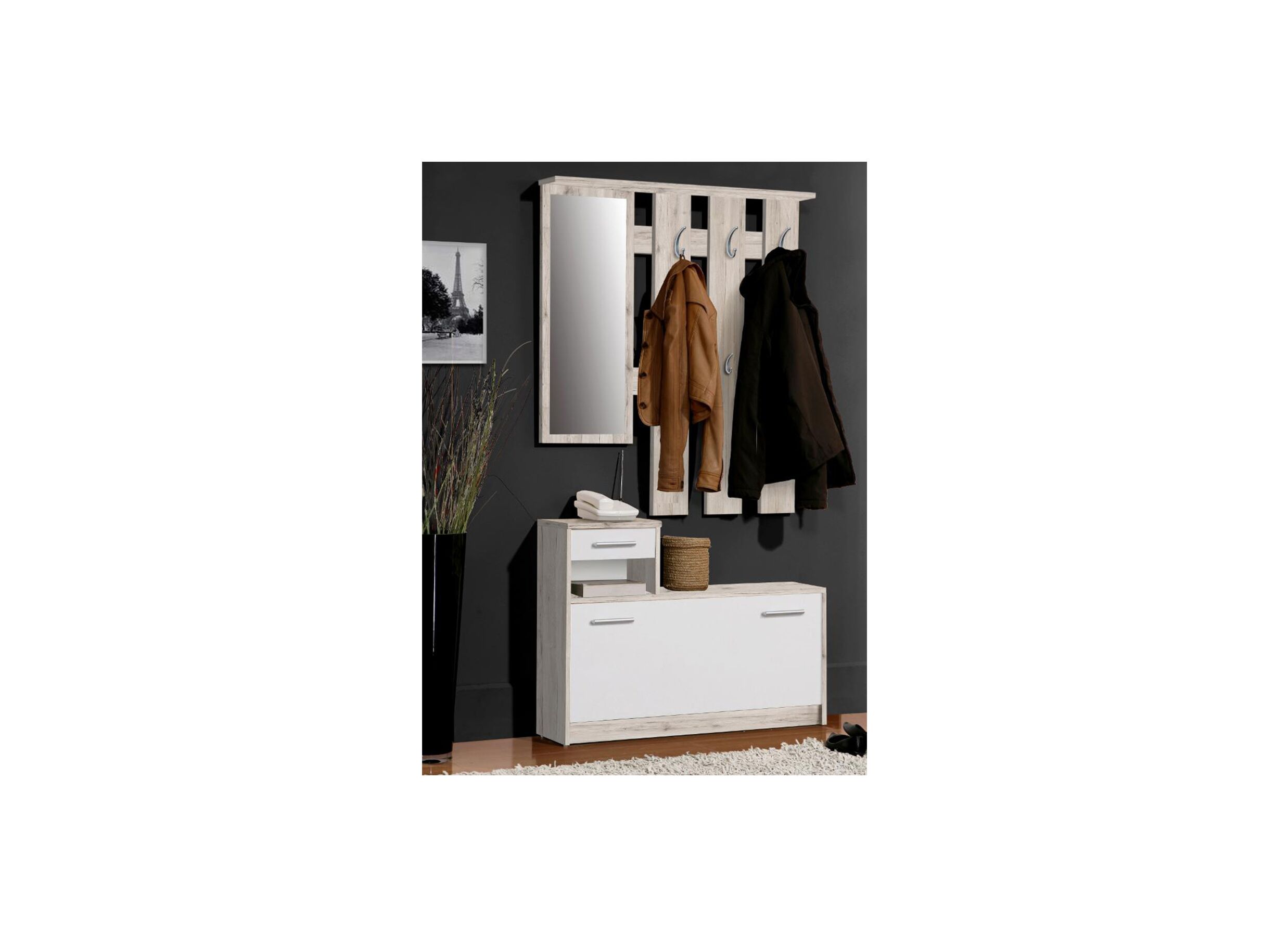 Meuble d'entrée 97cm - Meuble d'entrée Foxi 97cm - panneau décor - brun/blanc