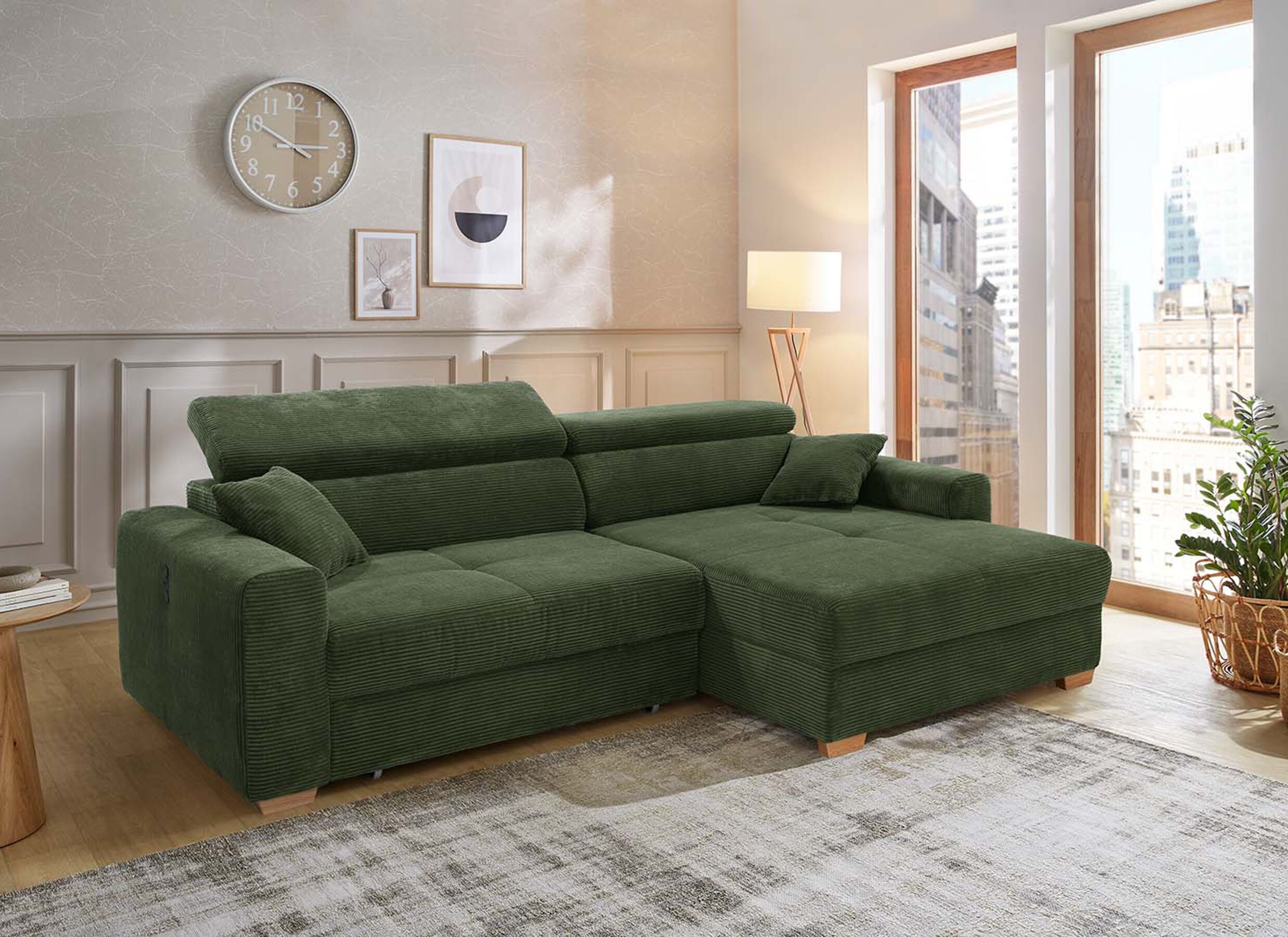 Sfeerfoto - Hoeksalon Slider 279x186cm - ribcord stof - groen met bedfunctie