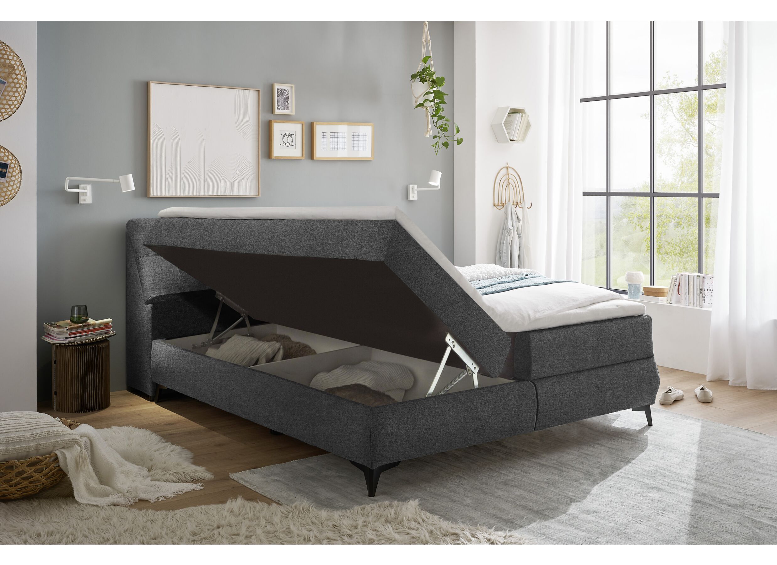 Bedbox Atlantis 160x200cm met opbergruimte stof antraciet