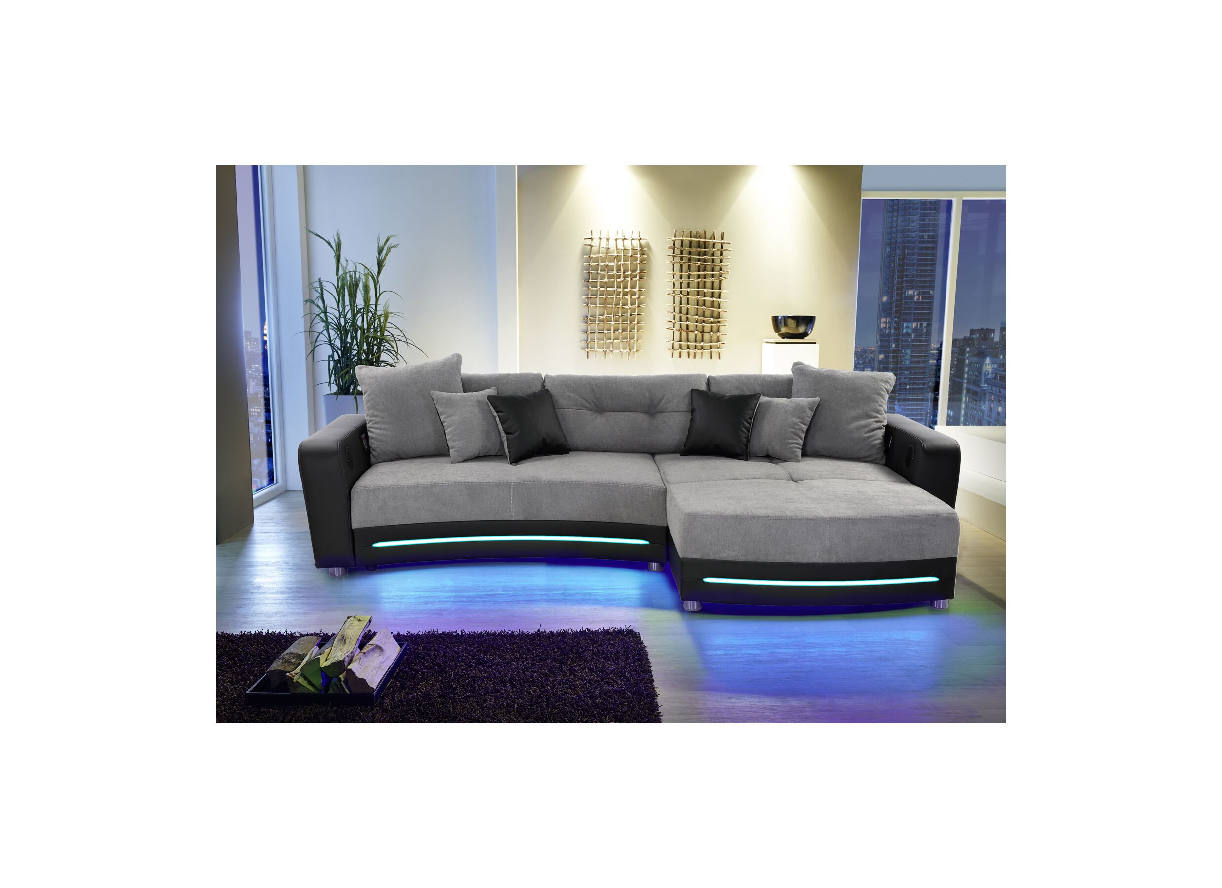 Hoeksalon Laredo 322x190cm - lederlook/stof - zwart grijs met LED-verlichting