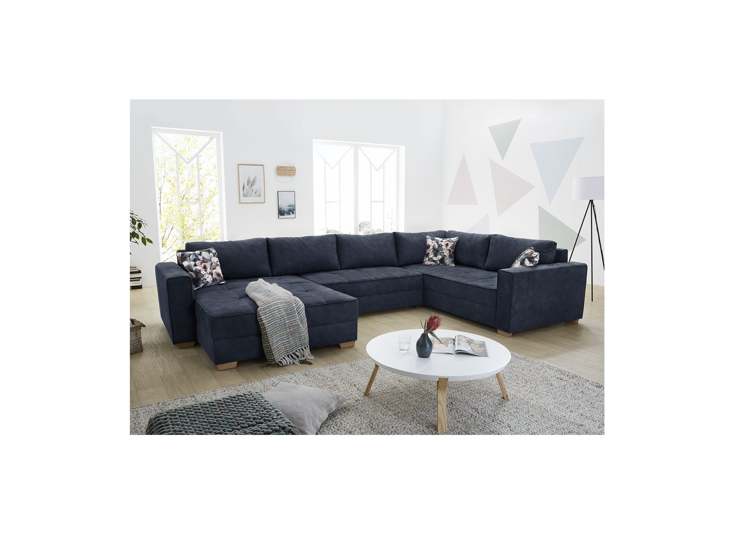 Canapé d'angle Brixen 379x227cm - tissu - bleu avec fonction lit