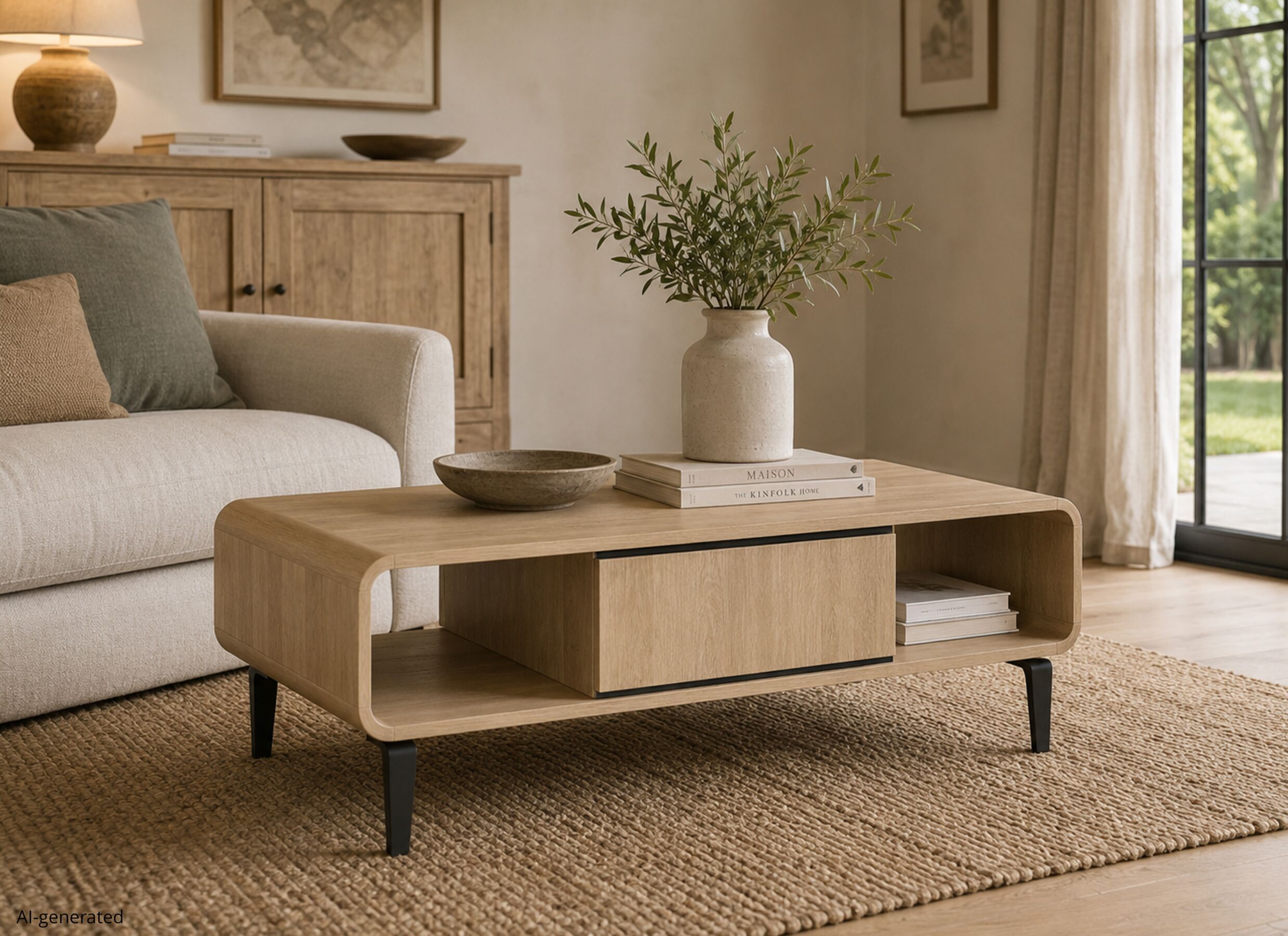 AI Generated - Table basse 135x68cm - mélamine - brushed sand oak nature