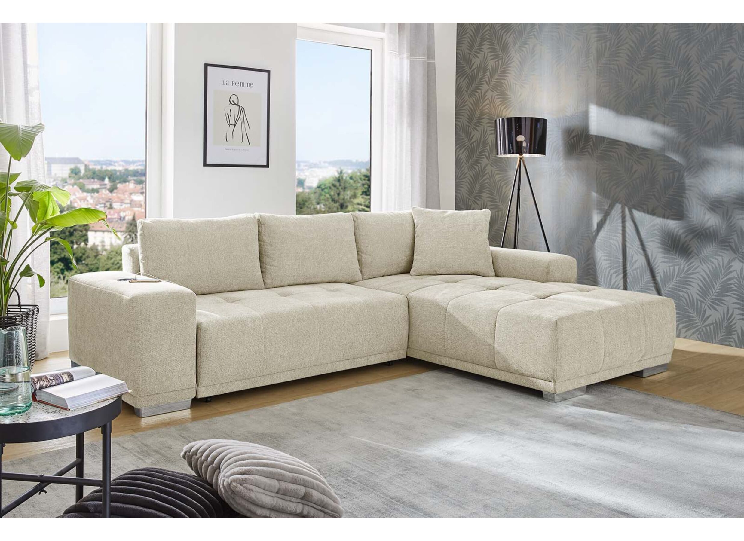 Plus Important - Canapé d'angle Luciano 282x204cm - tissu - beige avec fonction de lit et rangement