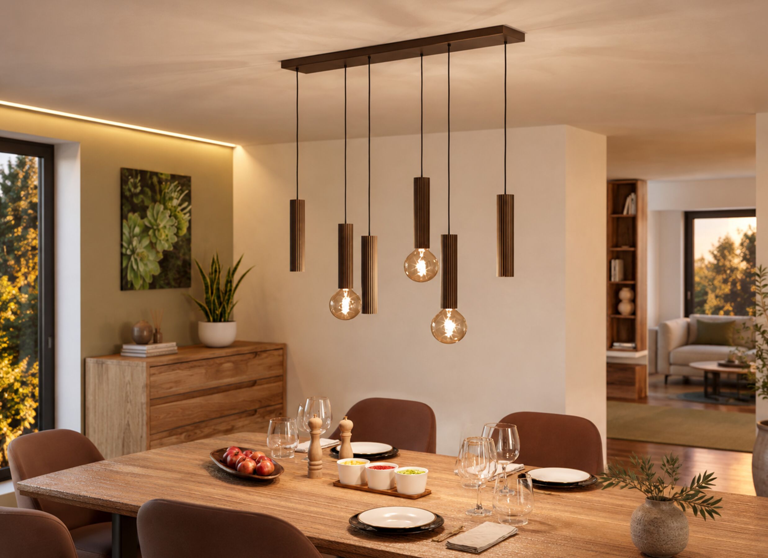 Foto ambiance - Suspension Fariolo 96x14x102cm 3x40W E27 & 3x7W GU10 - acier - bronze