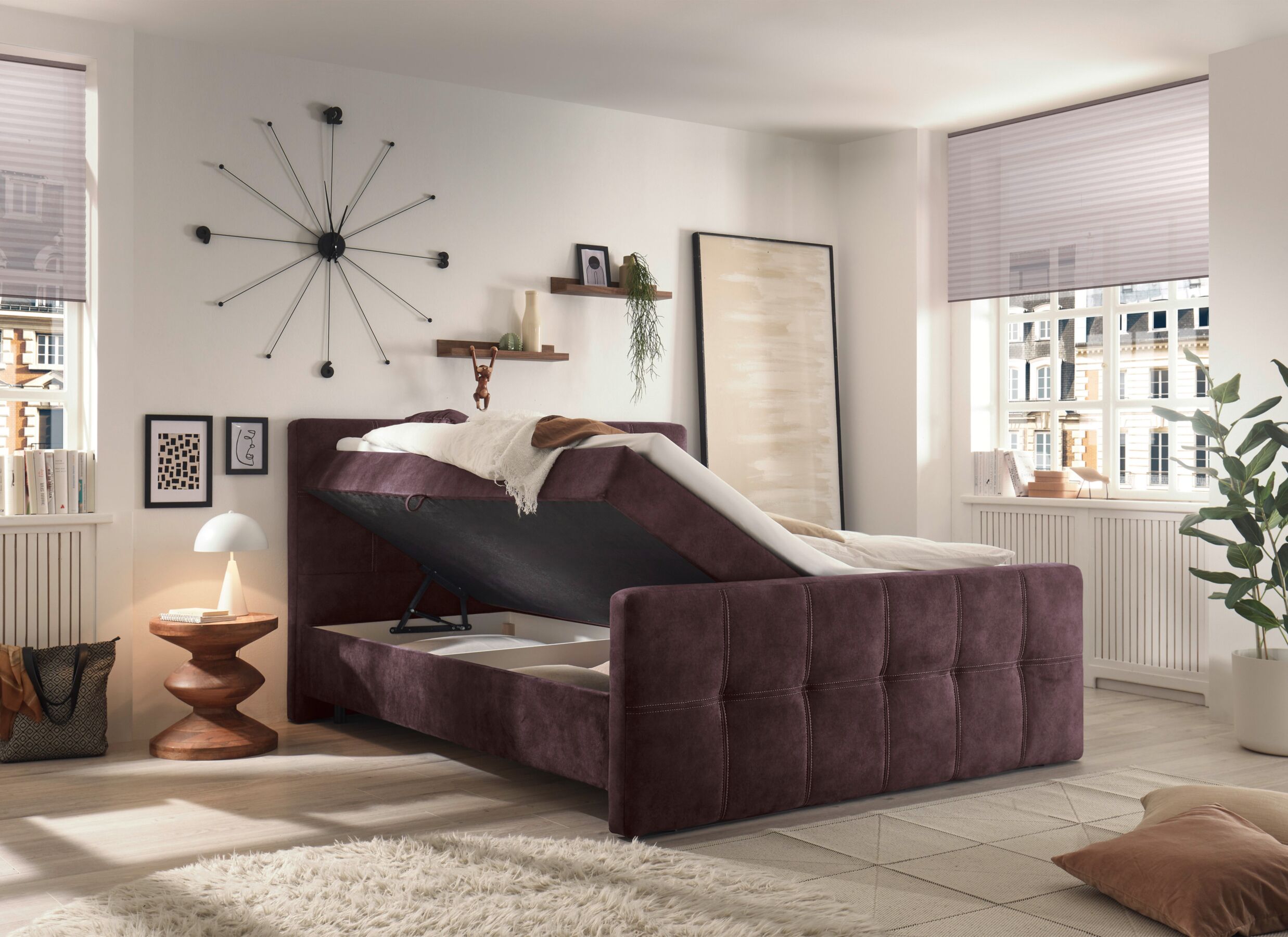 Foto ambiance - Lit box Valetta 180x200cm - tissu - aubergine avec rangement