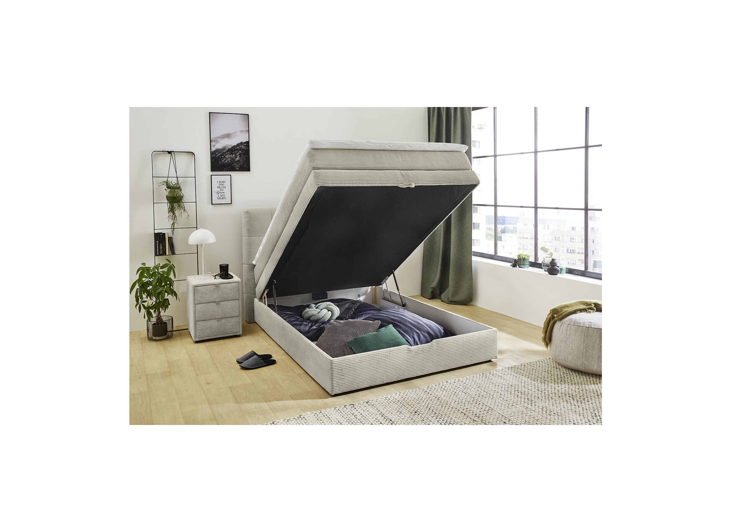 Disposition - Boxspring Amy 140x200cm avec rangement tissu greige