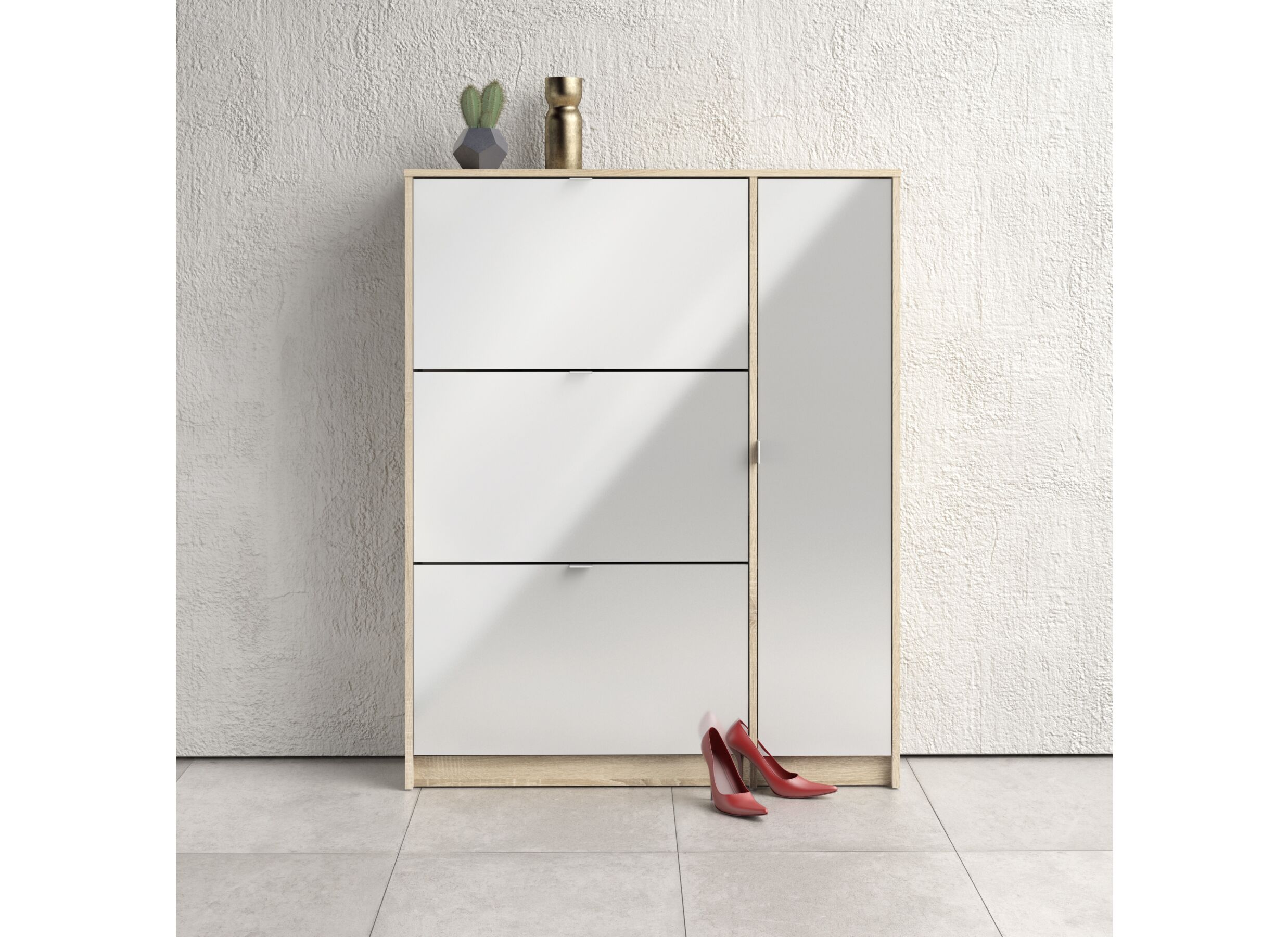 Armoire à chaussures Bright 102x24x125cm - décor - chêne & blanc laqué