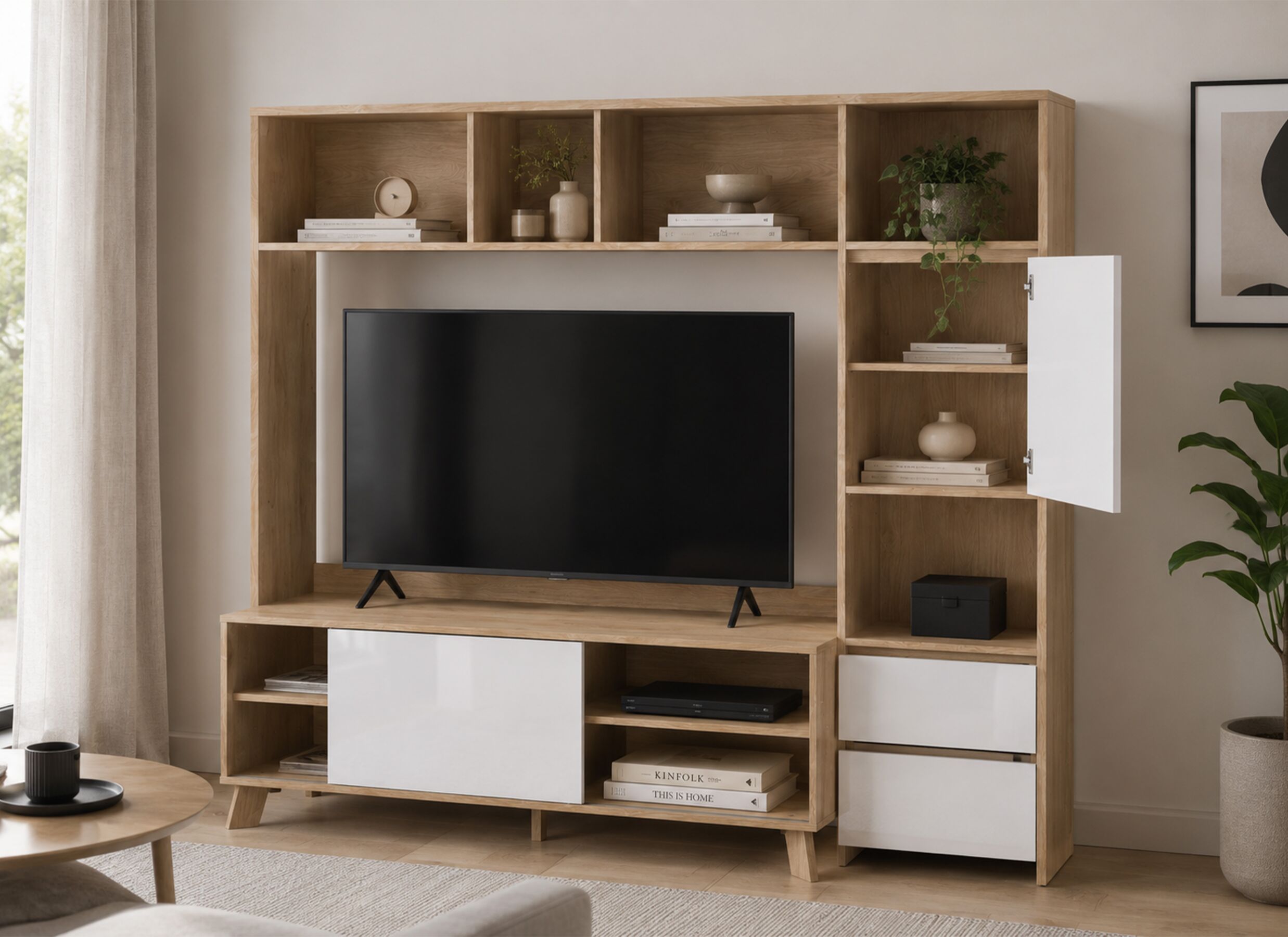 Foto ambiance - Meuble TV mural Next 209cm - mélamine - blanc brillant & jackson hickory