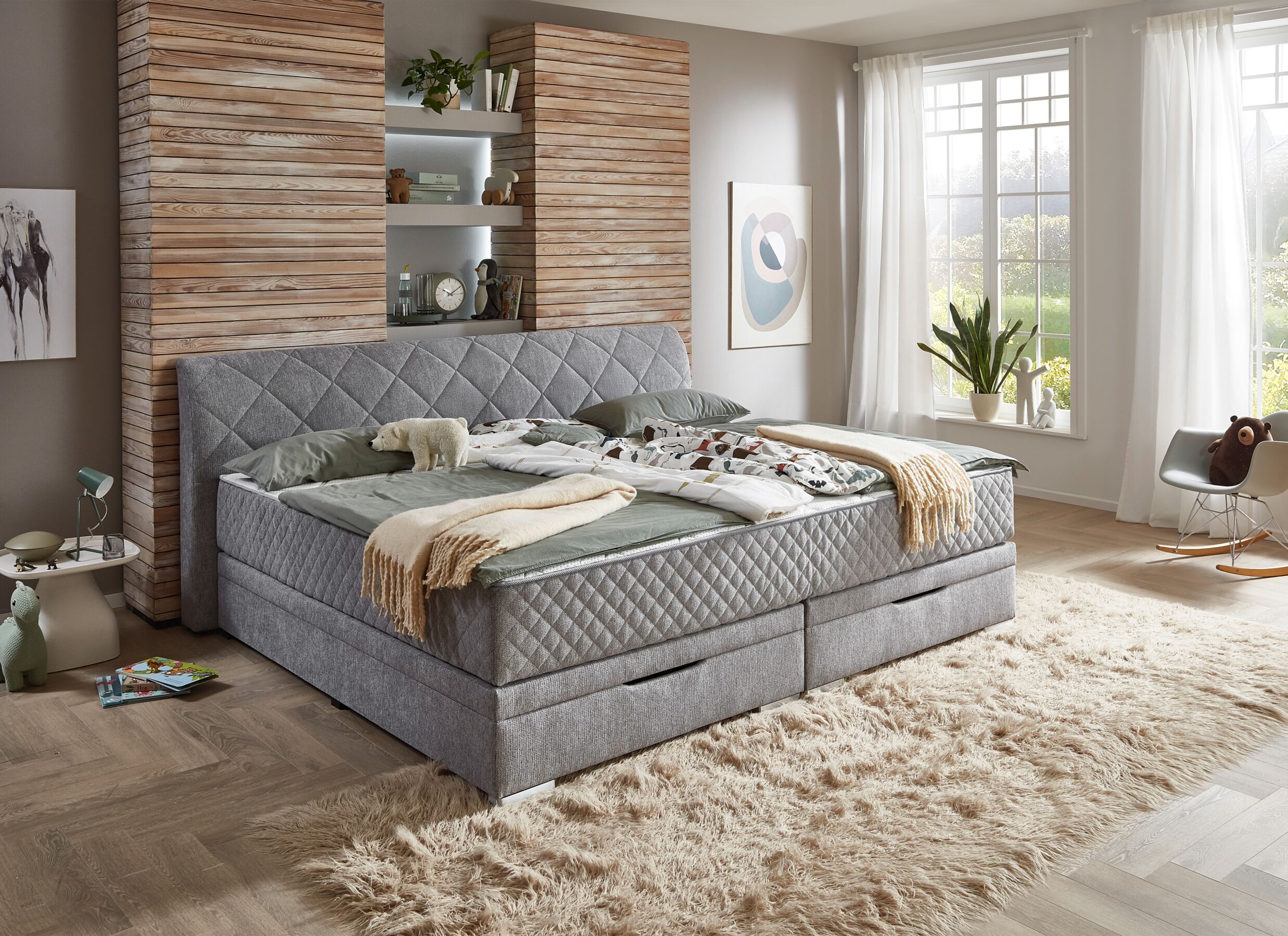 Foto ambiance - Lit box BX2740 240x200cm - tissu - argent avec rangement