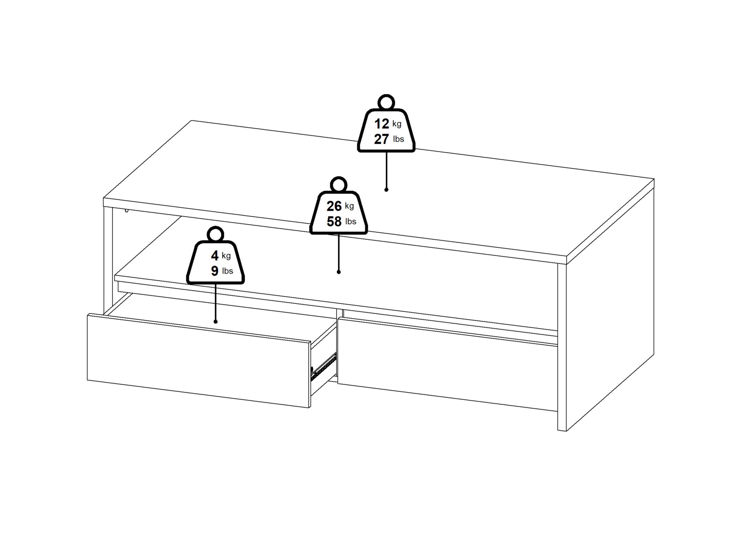 Dimensions - Table basse Next 120x60cm - mélamine - blanc brillant & jackson hickory