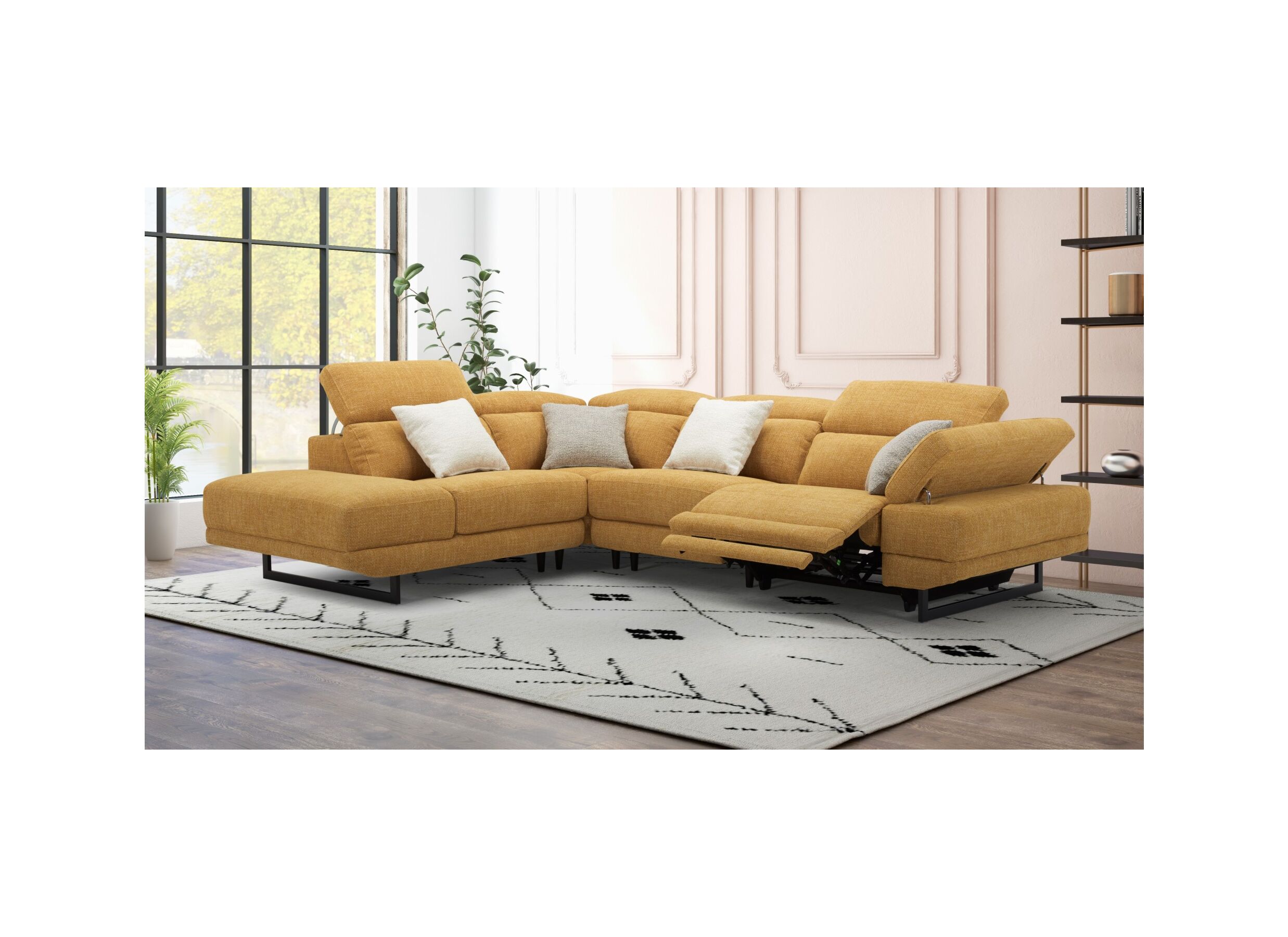 Sfeerfoto - Hoeksalon Exeter 299x240cm - stof - chacha geel met relax