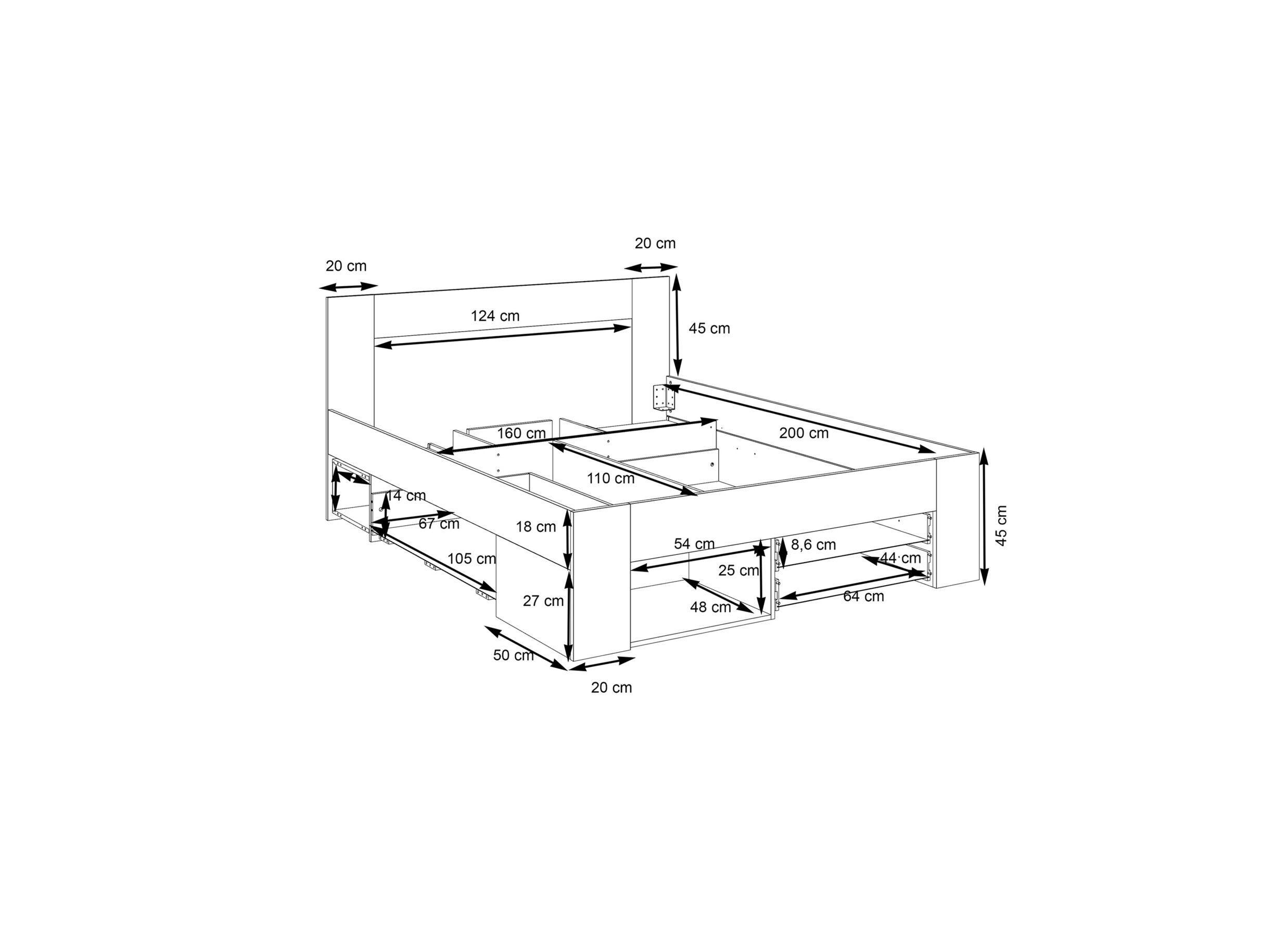 Dimensions - Lit Udine 160x200cm avec rangement - panneau décor - blanc