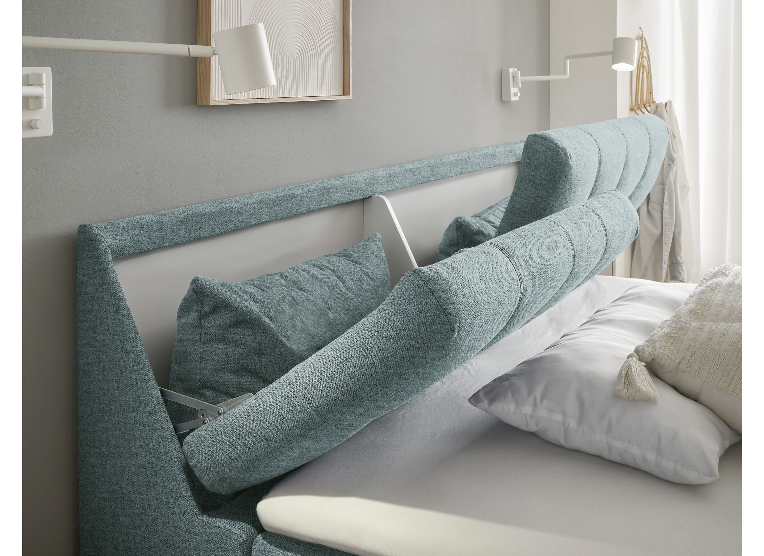 Foto ambiance - Lit box Atlantis 160x200cm avec rangement tissu menthe