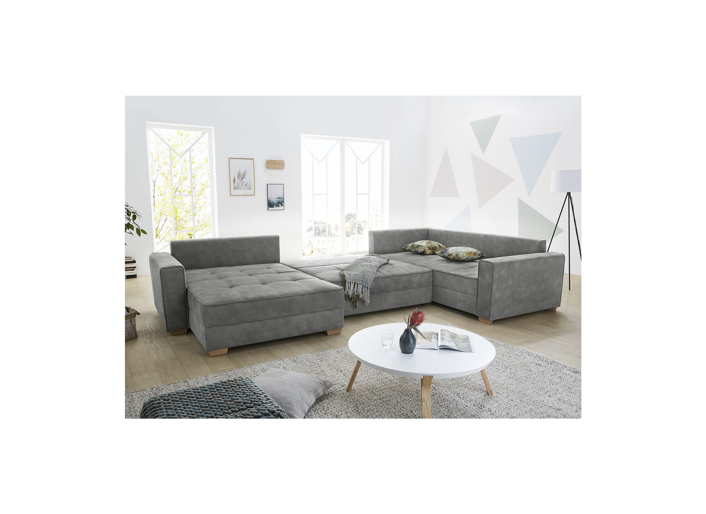 Canapé d'angle Brixen 379x227cm - tissu - gris clair avec fonction lit