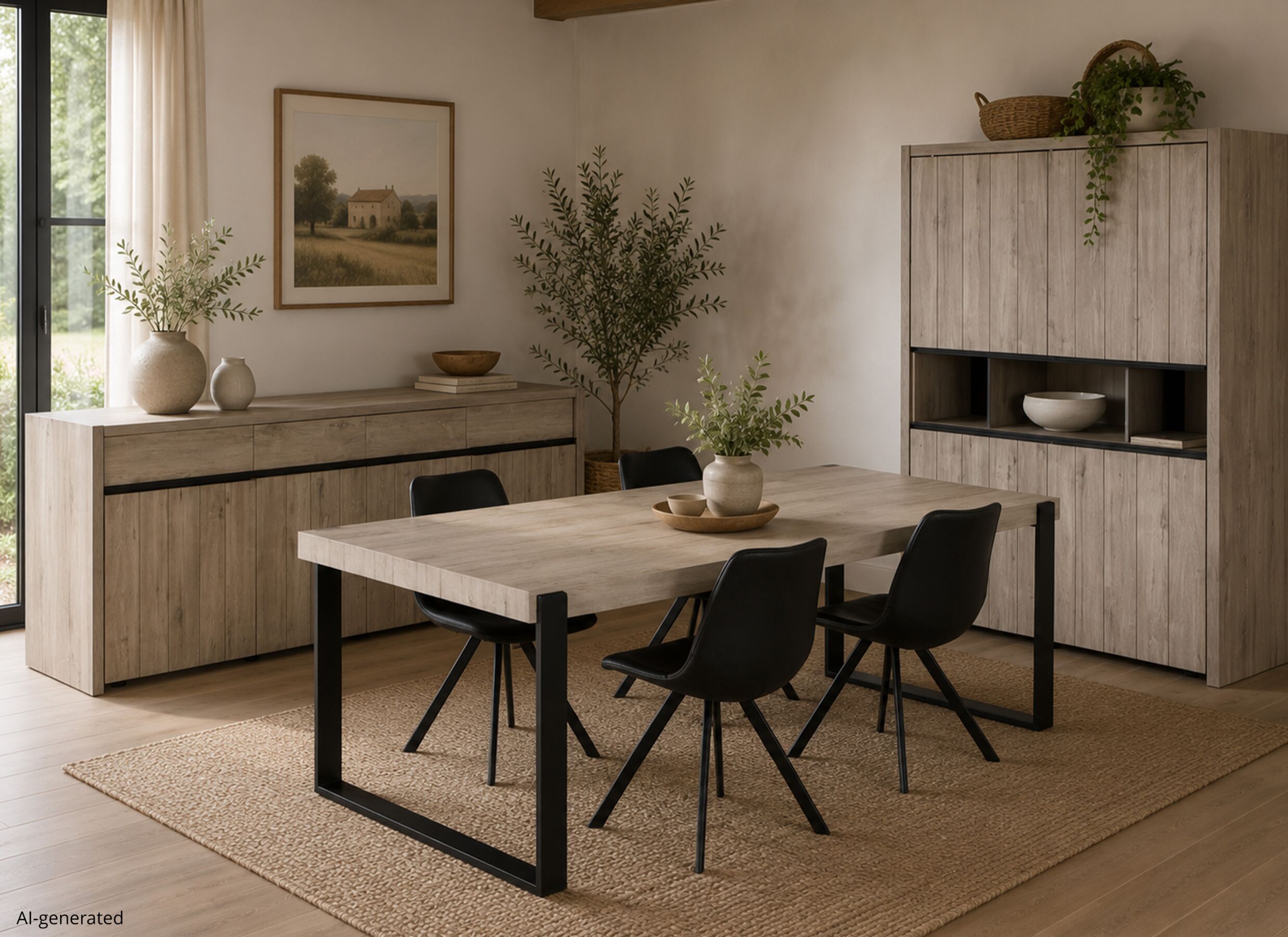 AI Generated - Eetkamer met 4 stoelen Frantz - tafel 226x103cm - dressoir 248cm - barkast 140cm