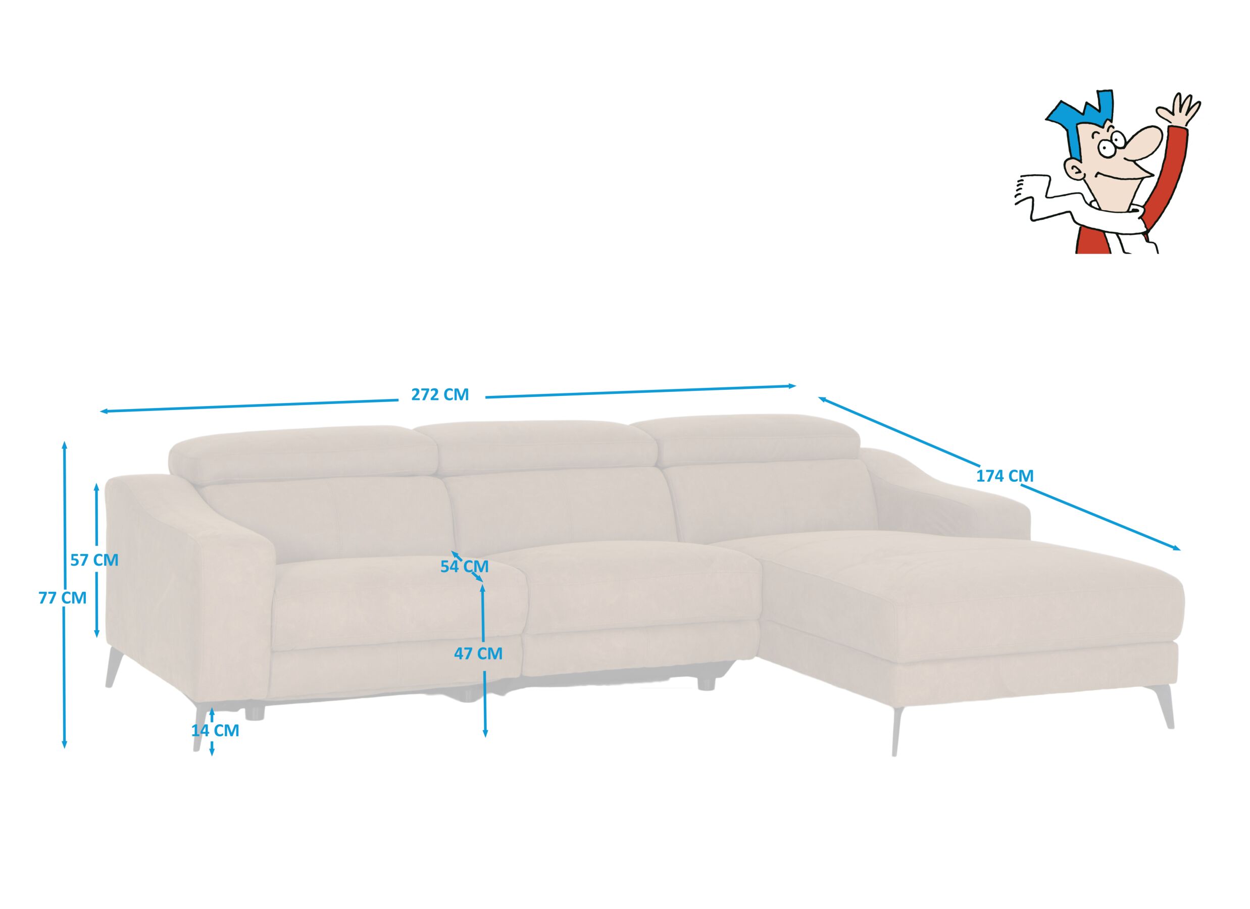 Afmetingen - Hoeksalon Mana 272x174cm - stof - cognac met relax