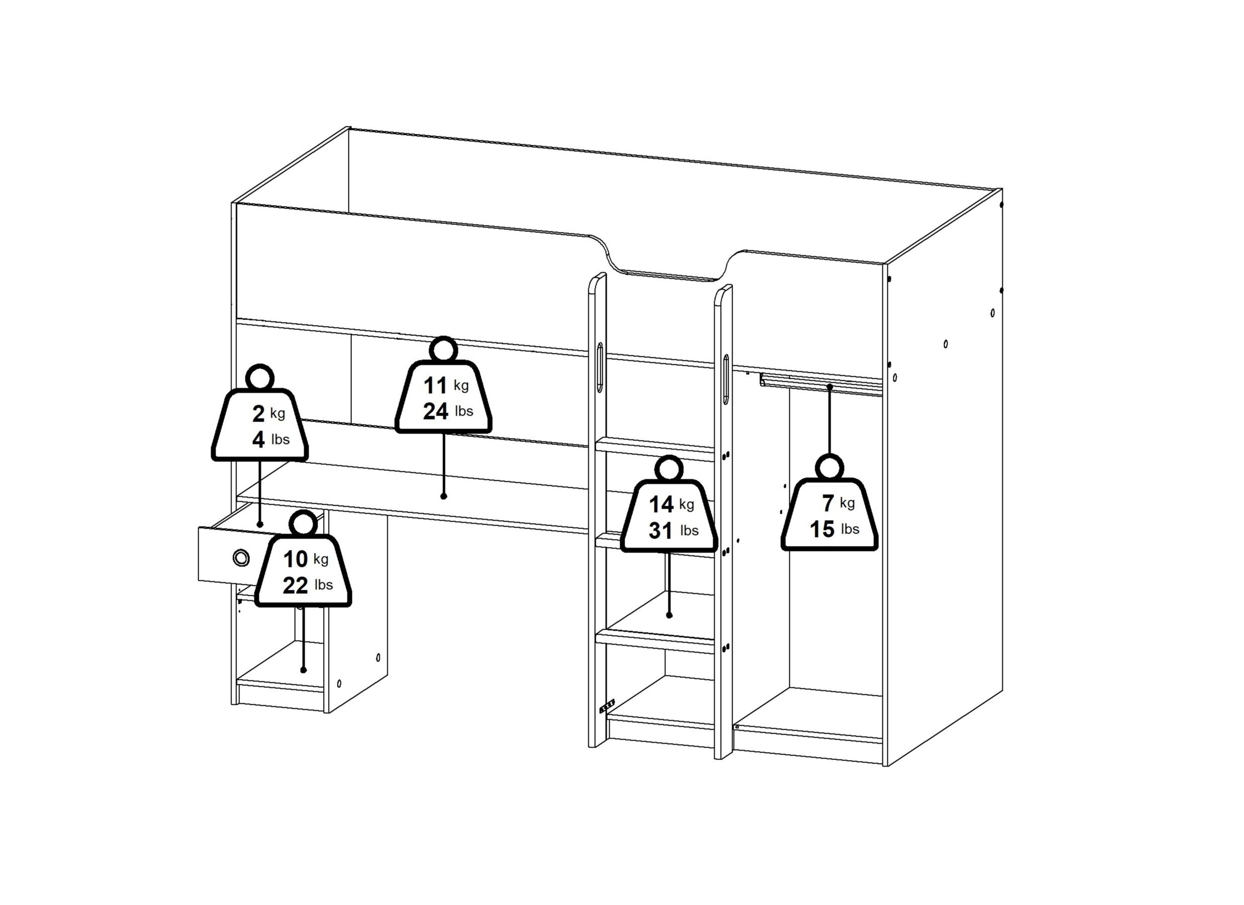 Dimensions - Lit mezzanine Lyon 90x200 - décor - blanc & jackson hickory
