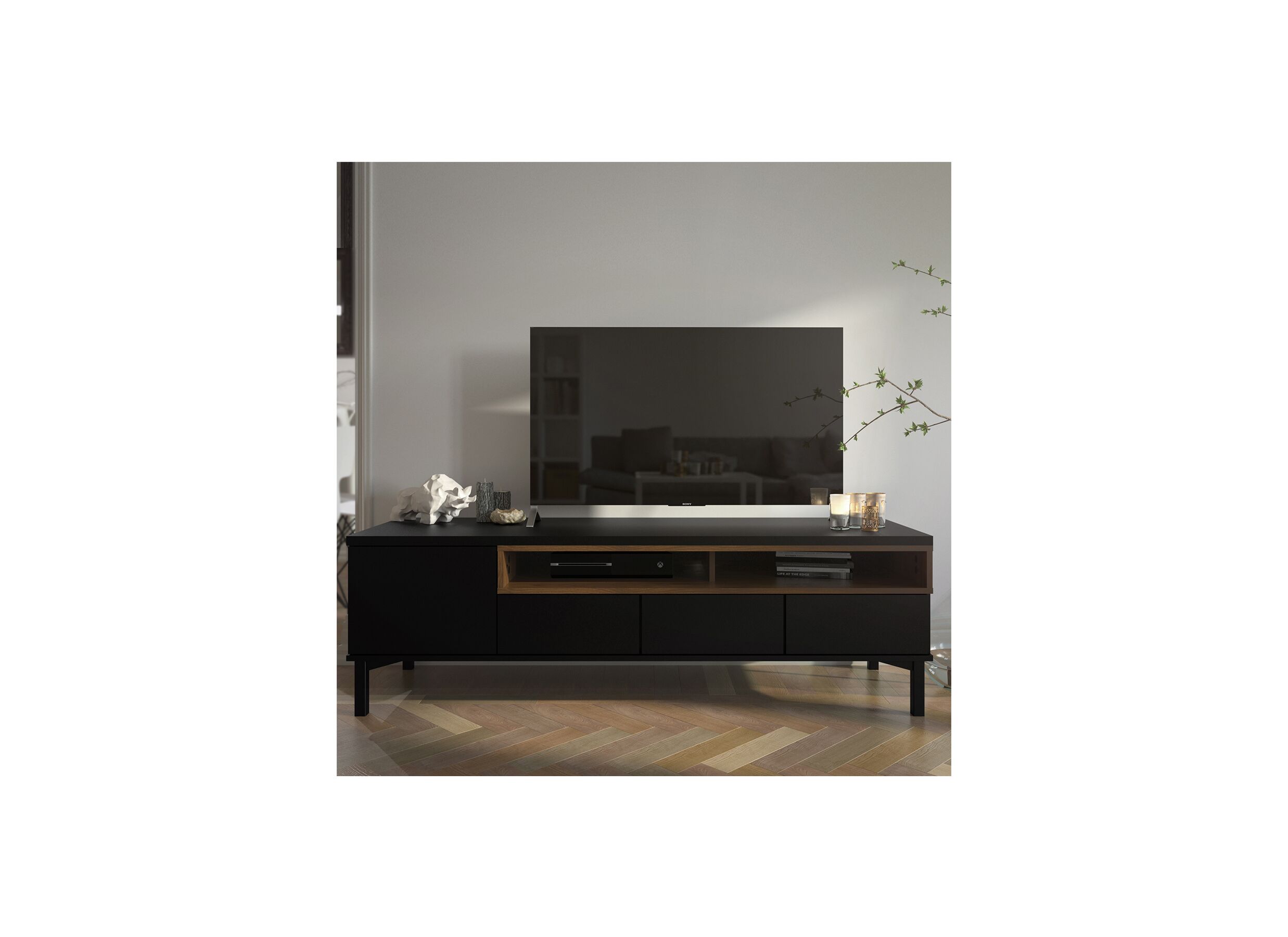 Tv-meubel Roomers 156cm - spaanplaat - zwart & walnoot