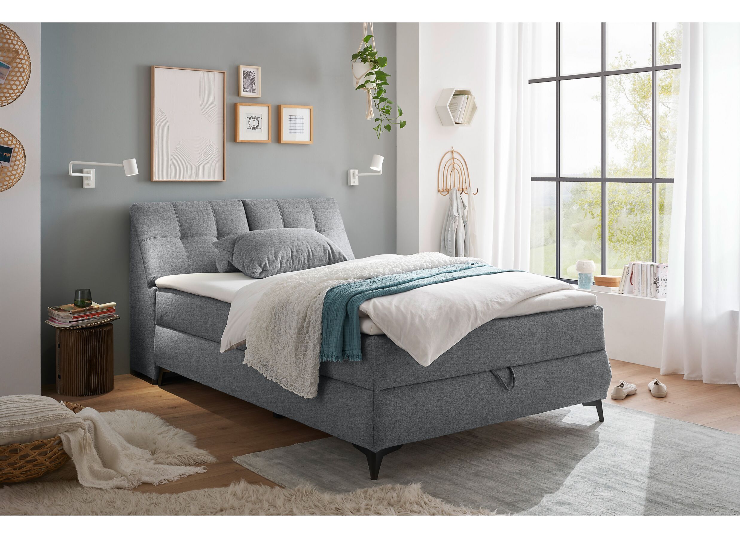 Foto ambiance - Lit box Atlantis 140x200cm avec rangement tissu gris