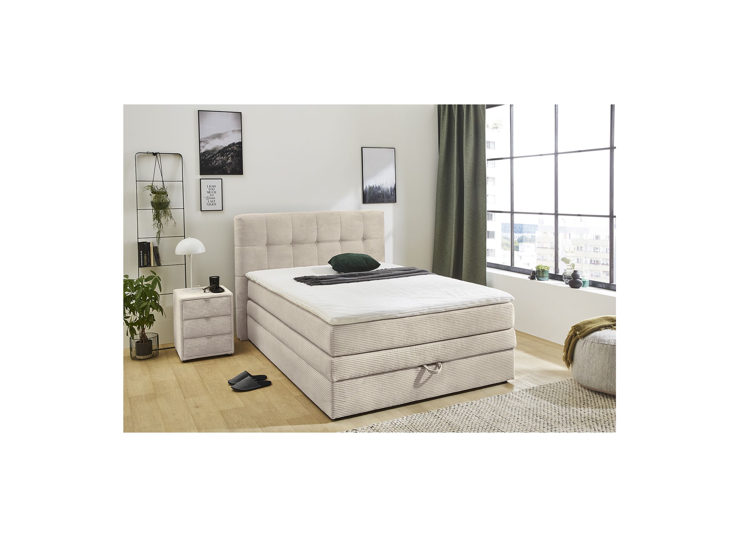 Boxspring Amy 140x200cm met opbergruimte stof ecru