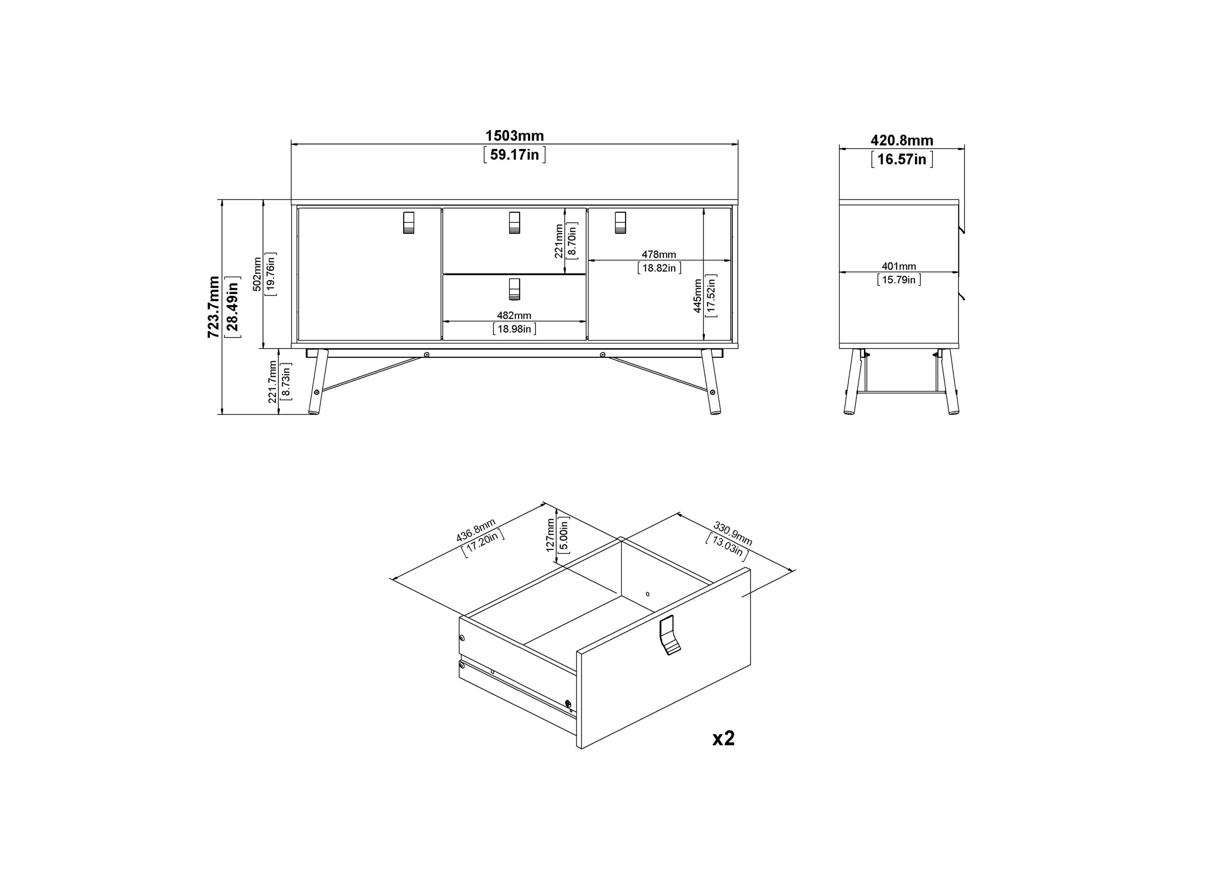 Buffet Ry 151cm - panneau décor - noir mat & noix