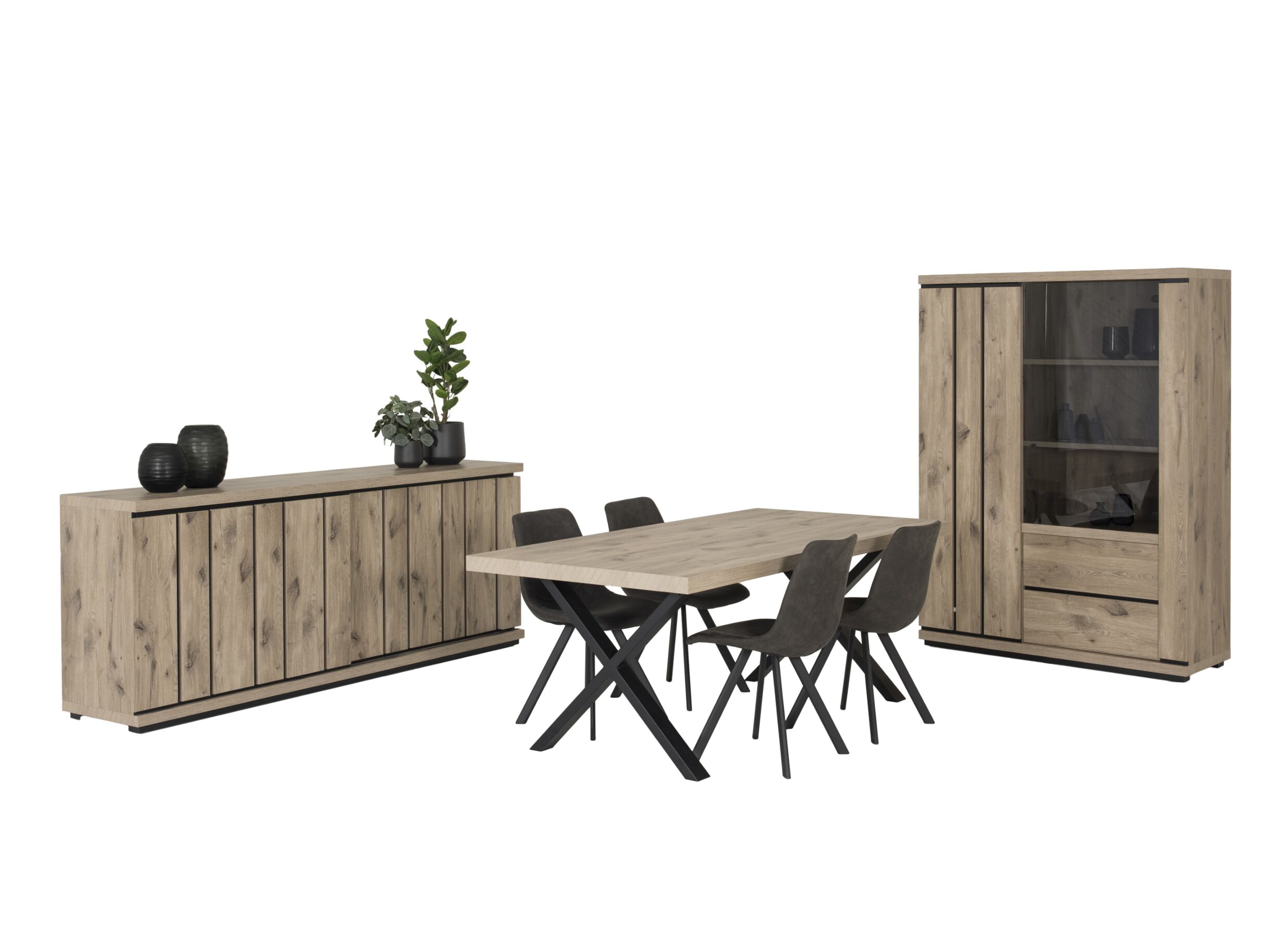 Eetkamer Stefan met 4 stoelen Frantz - tafel 230x100cm - dressoir 232cm - vitrinekast 130cm