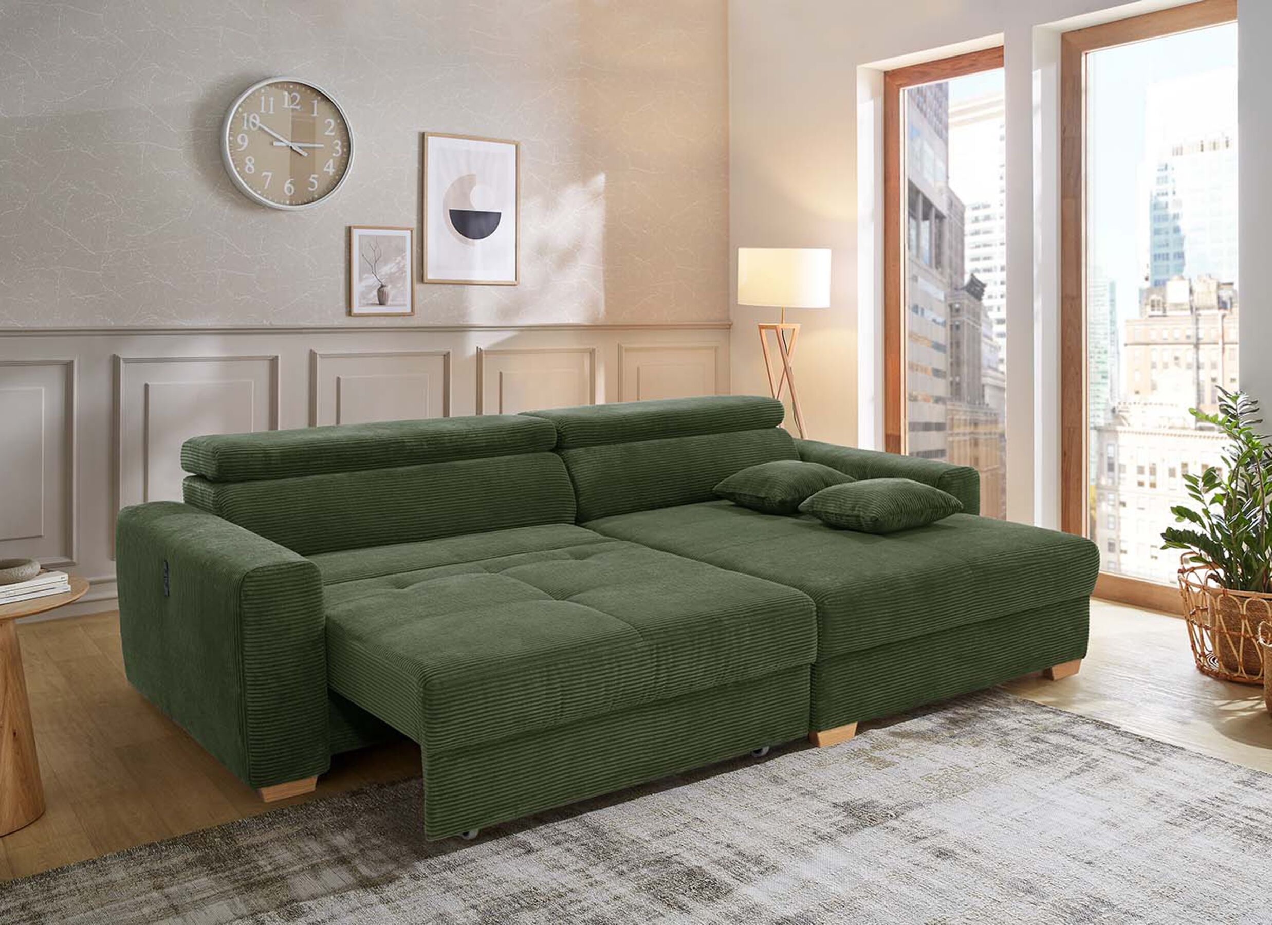 Sfeerfoto - Hoeksalon Slider 279x186cm - ribcord stof - groen met bedfunctie