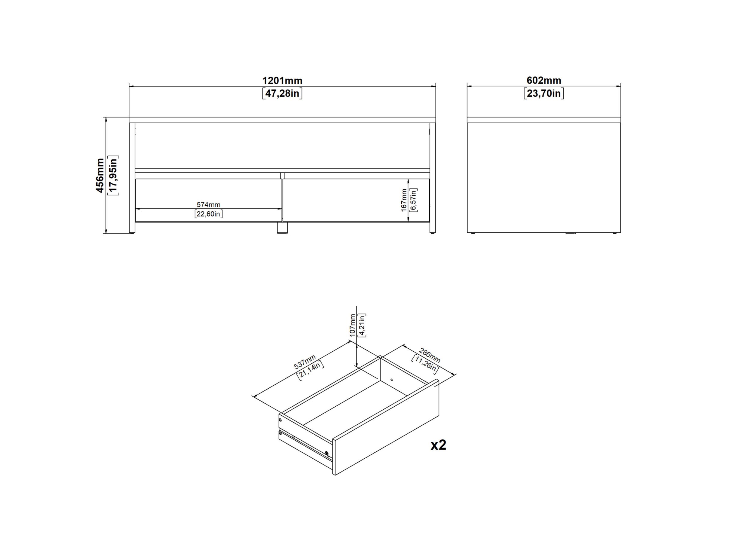 Dimensions - Table basse Next 120x60cm - mélamine - blanc brillant & jackson hickory