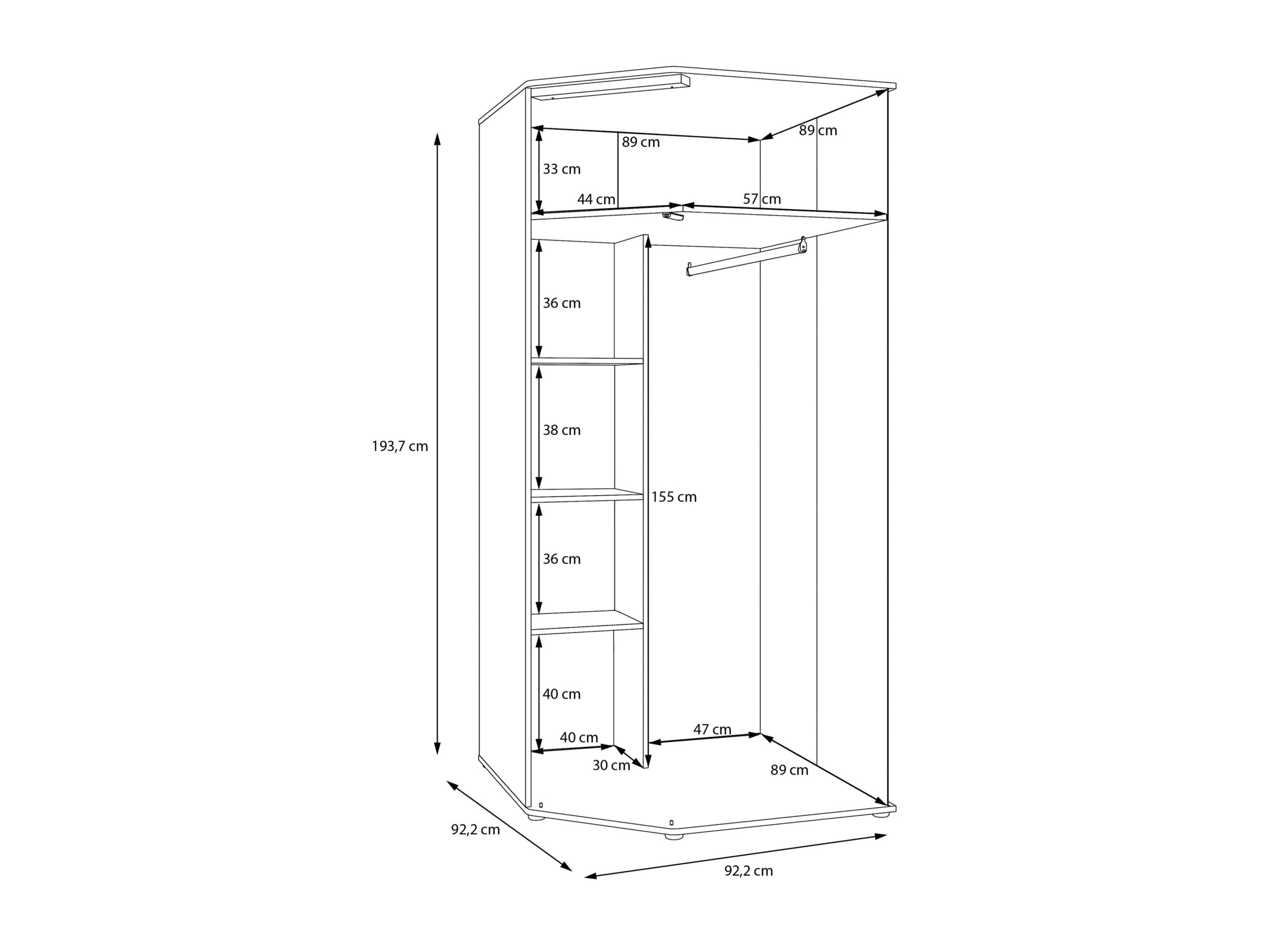Dimensions - Garde-robe Wexlin 92x92x194cm - décor - sand & mauvella oak