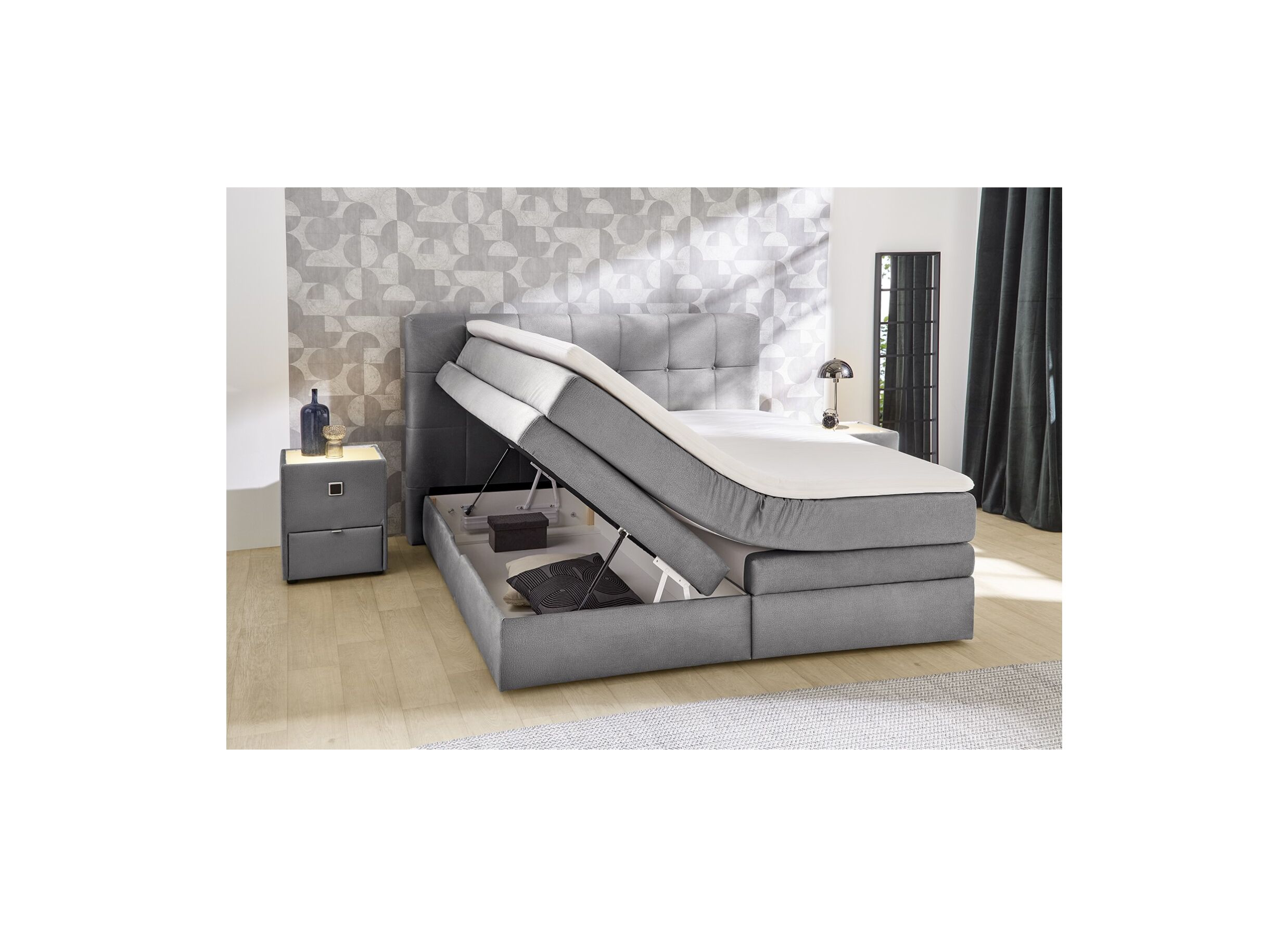 Foto ambiance - Boxspring Amy 180x200cm - tissu - gris avec rangement