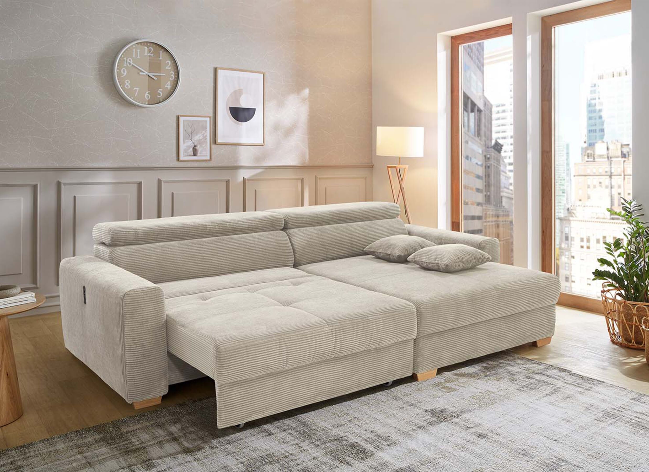 Sfeerfoto - Hoeksalon Slider 279x186cm - ribcord stof - lichtgrijs met bedfunctie