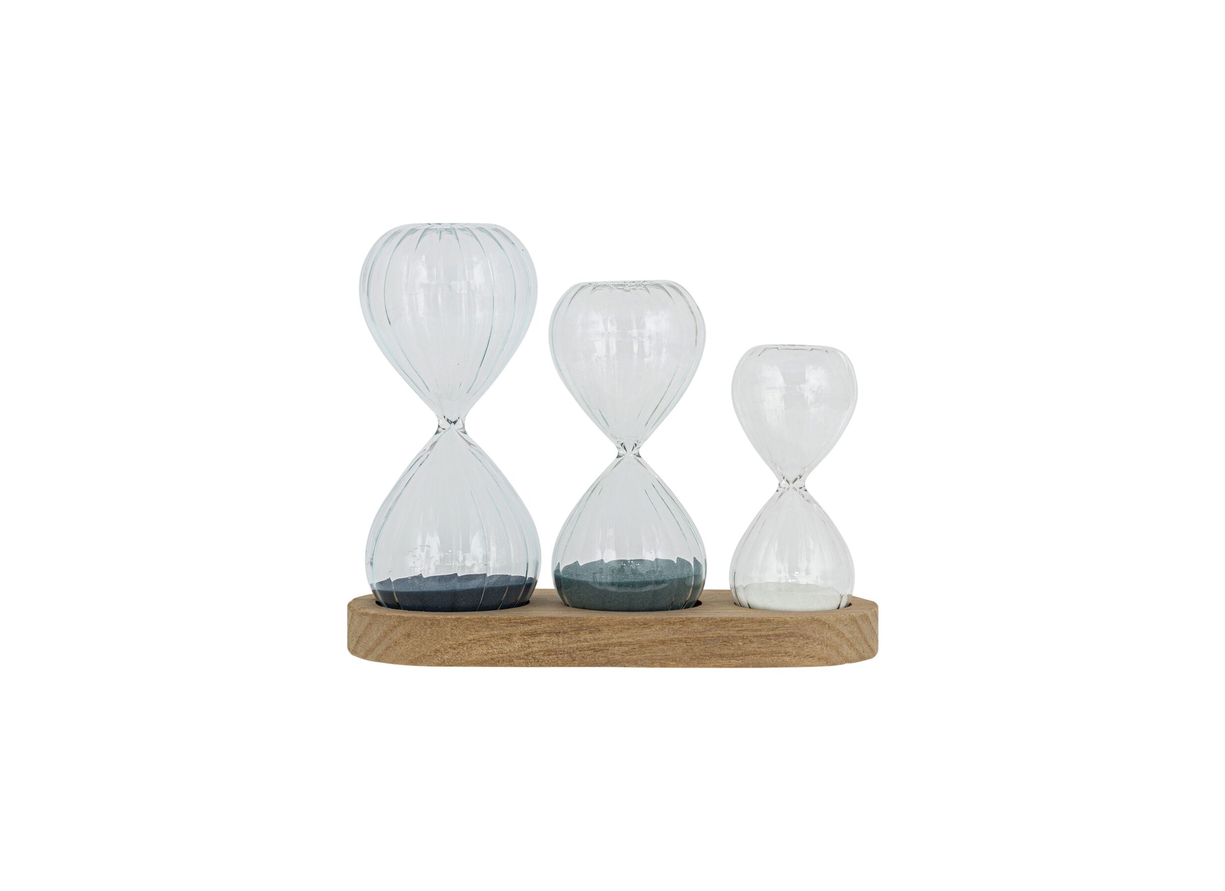 Overzichtsfoto - Zandloper met plateau H14cm - paulownia massief & glas - multicolor set van 3