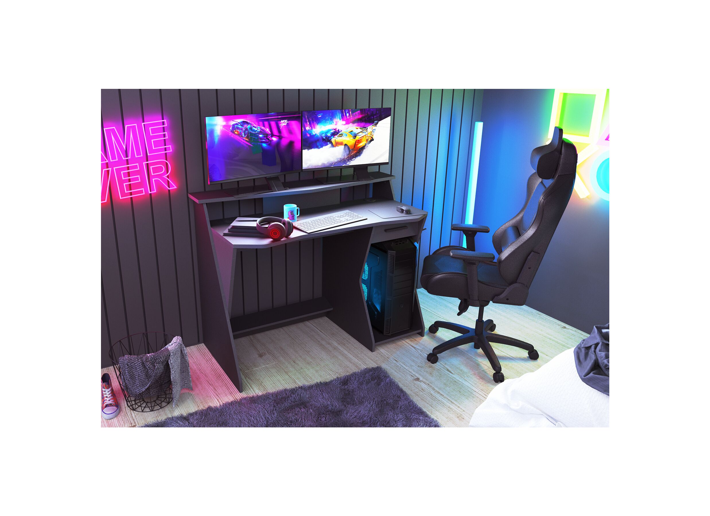 Gamingbureau Skin 124x60cm - melamine - zwart & grijs