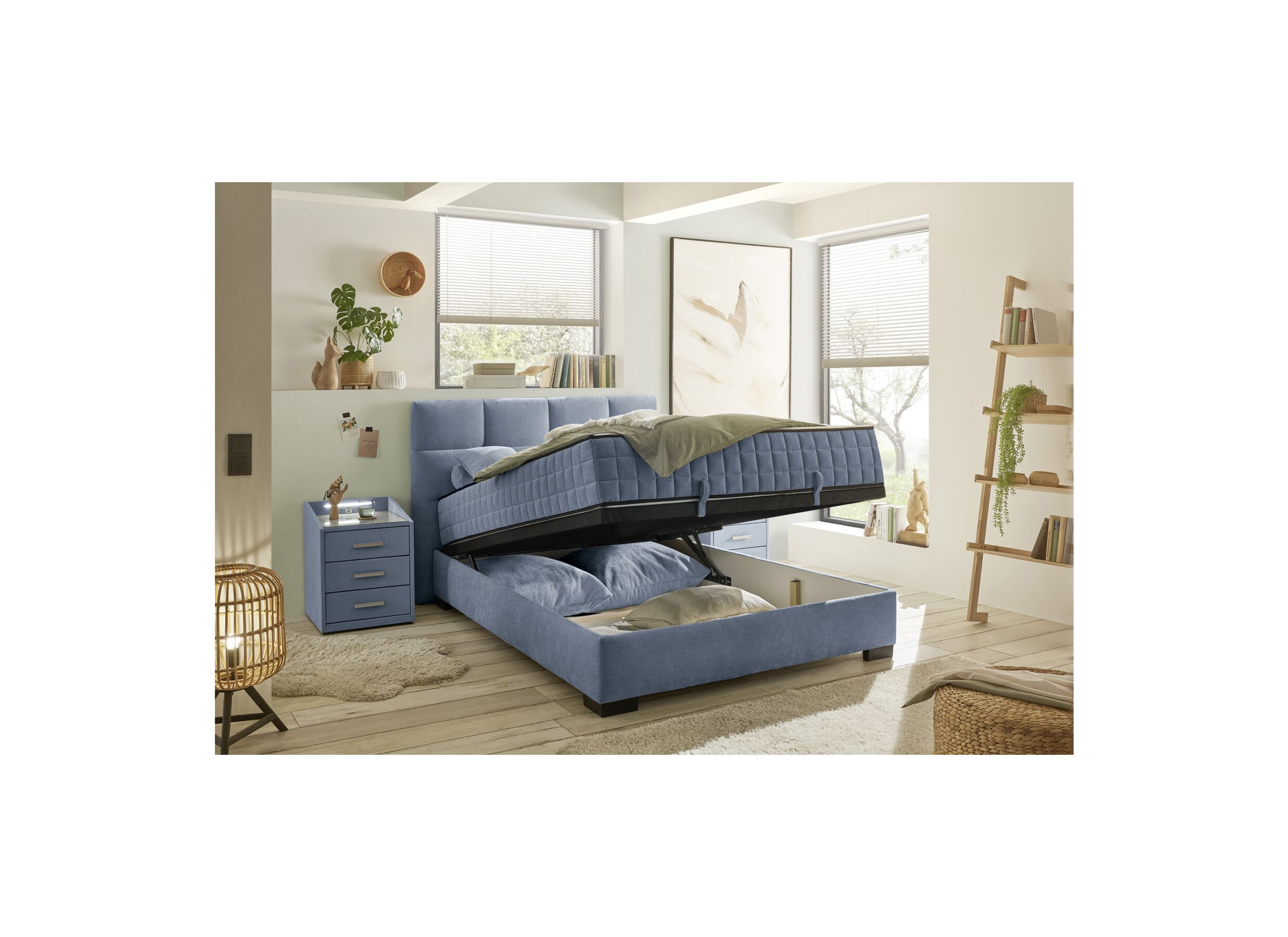 Foto ambiance - Lit box Nagol A 140x200cm avec rangement tissu bleu