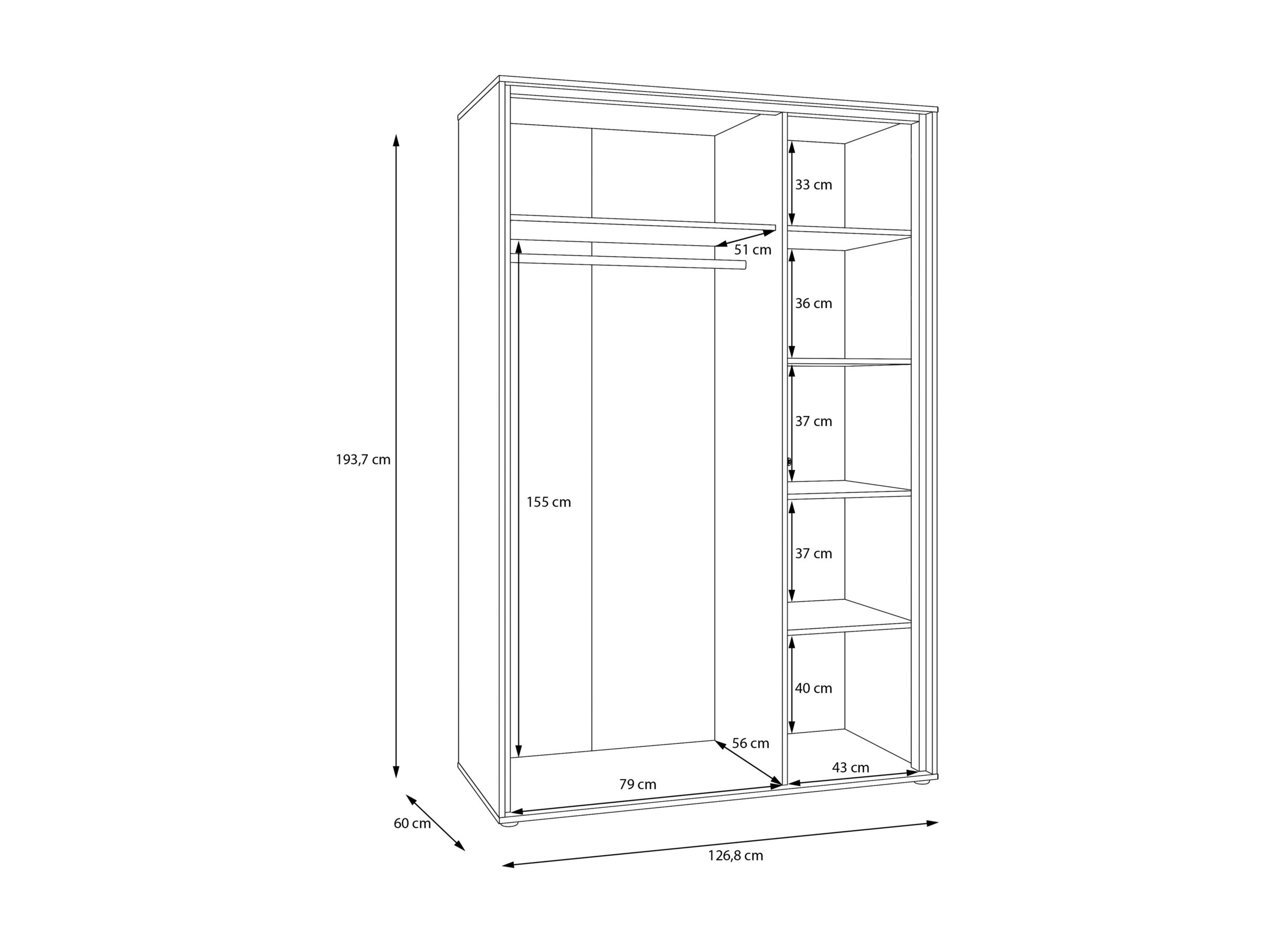 Dimensions - Garde-robe Wexlin 126x60x194cm - décor - sand & mauvella oak