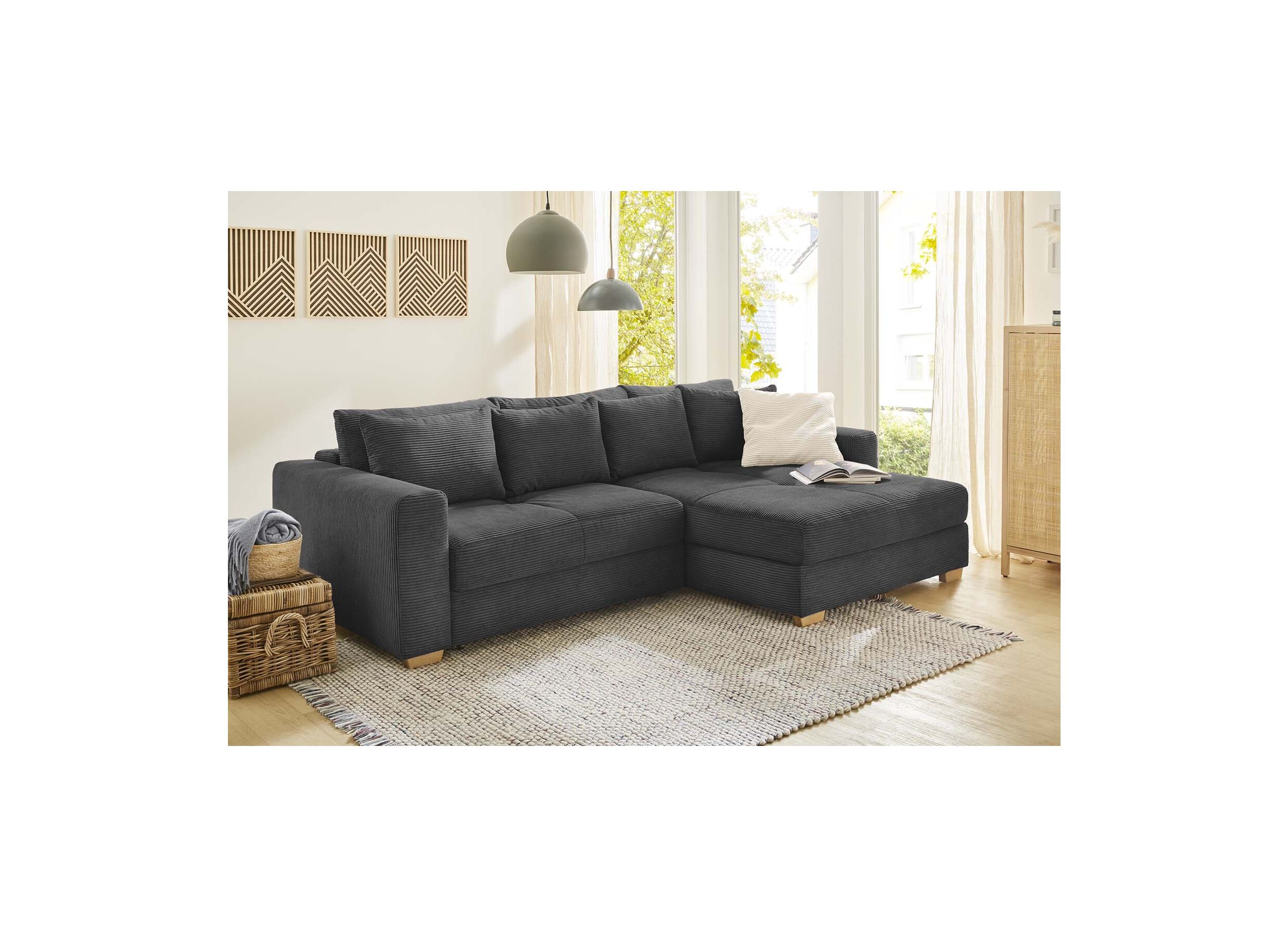 Canapé d'angle Kampen tissu gris avec fonction lit et rangement - Canapé d'angle Kampen 288x186cm - tissu - gris avec fonction lit et rangement