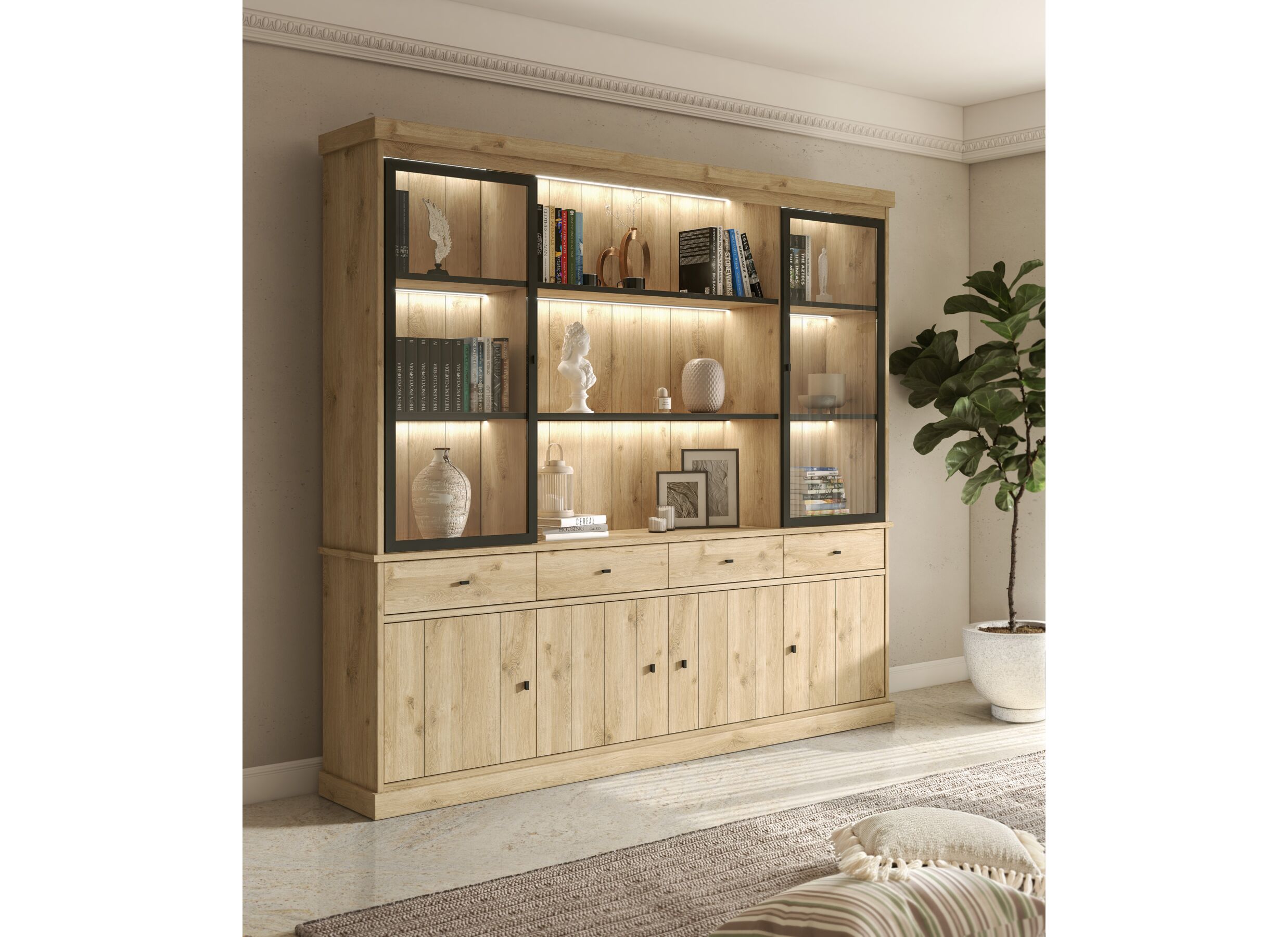 Sfeerfoto - Vitrinekast Valencia 240cm - melamine - lichte eik