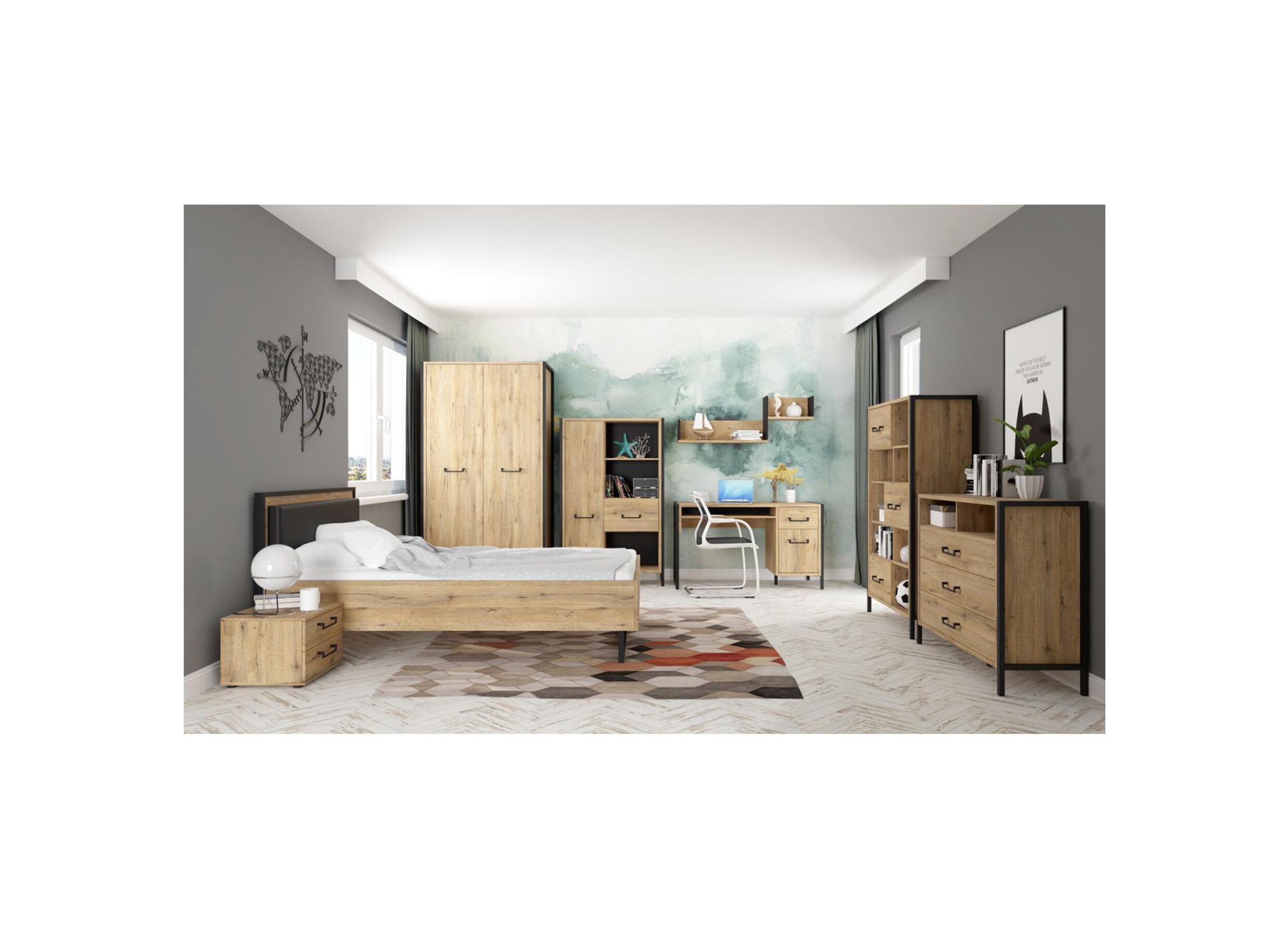 Photo ensemble - Table de chevet Oriental Tree 46,3x40,8x33,7cm - panneau décor - bartex chêne